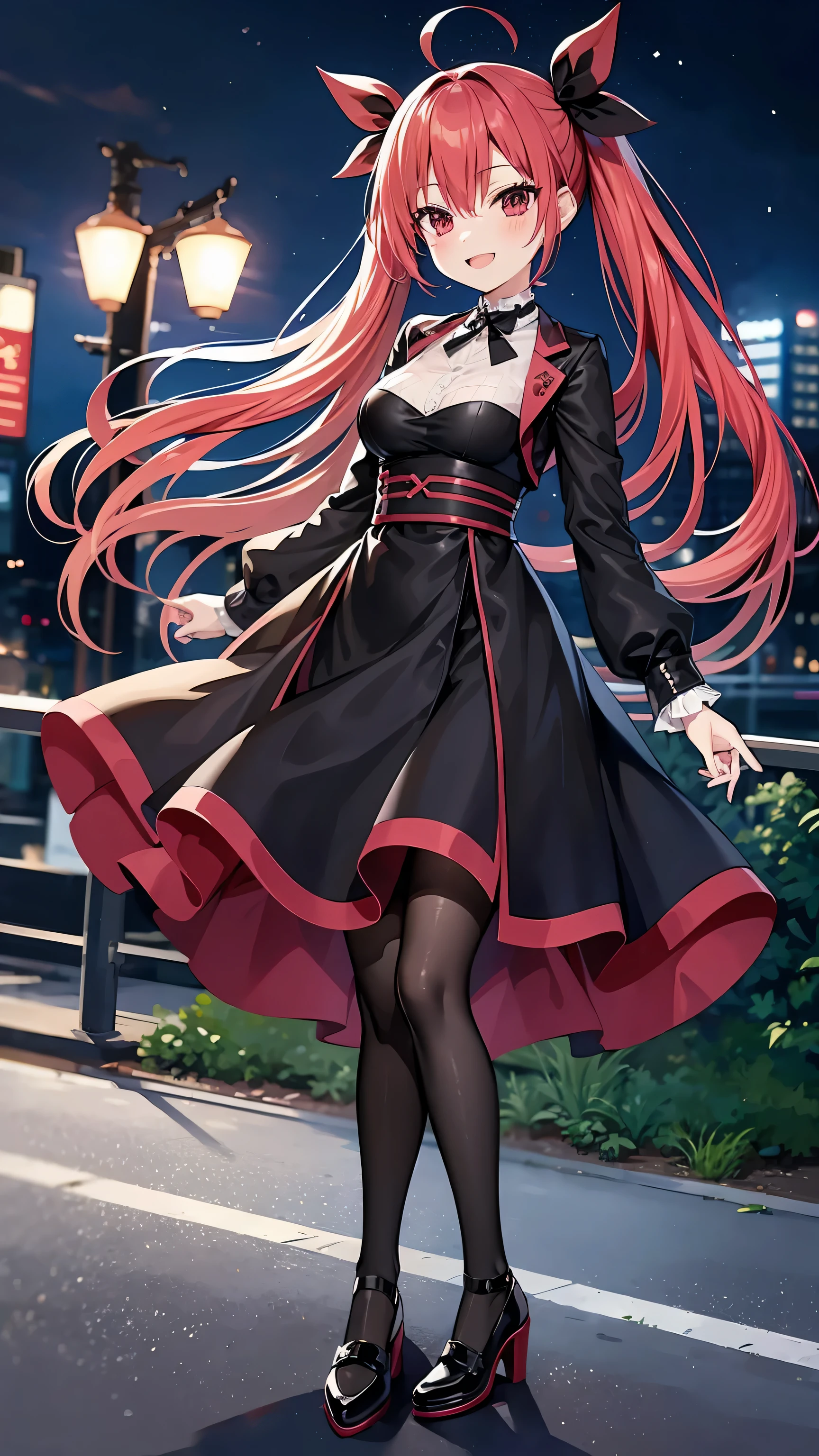 anime girl, lonely, red hair, big breasts, gothic dress, elegant black dress, black skirt, tights, heels, city, night, streetlights, lights, tokyo, smile with teeth