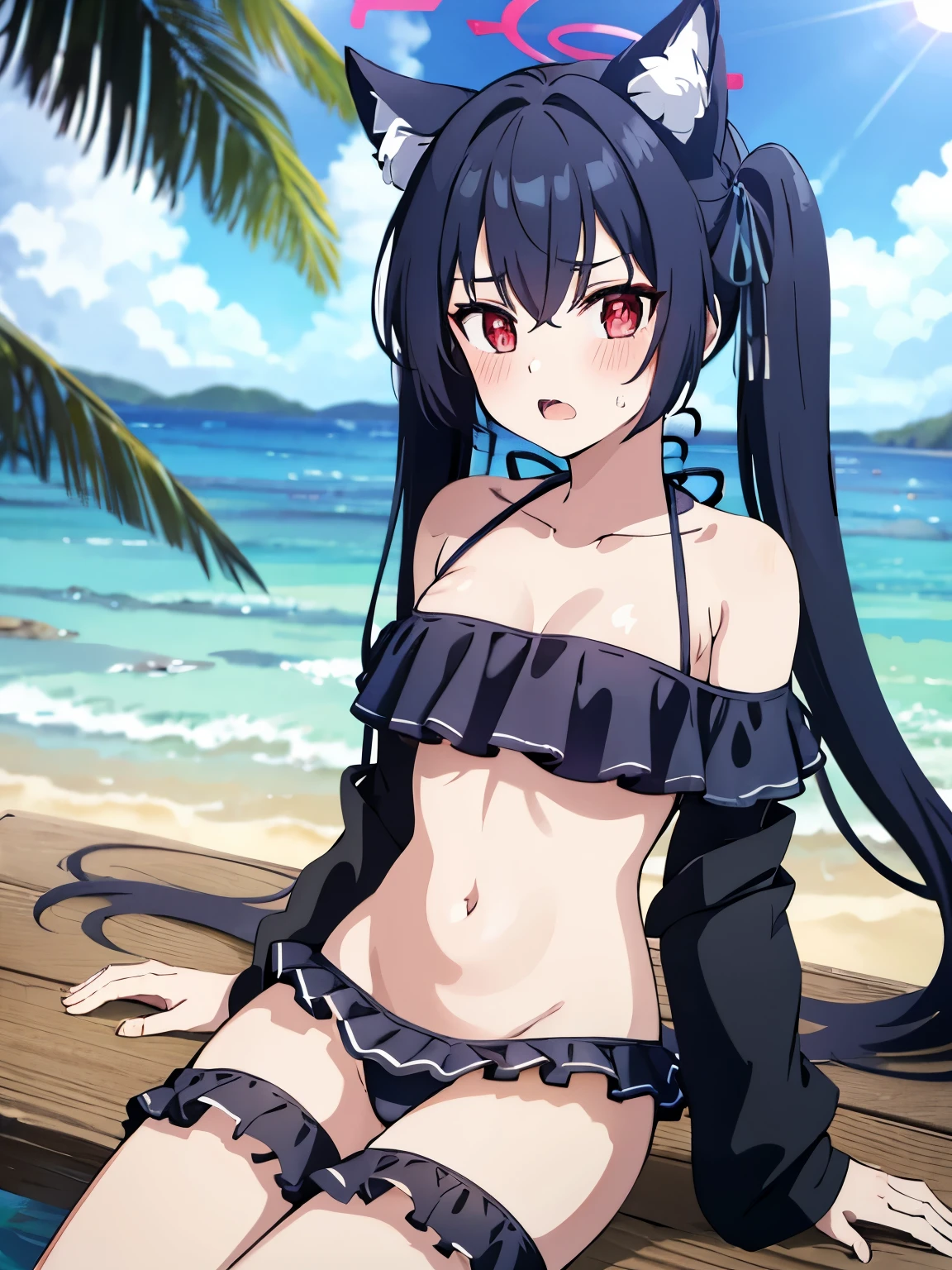 serika_bluearchive, animal_ears, black_hair, animal_ear_fluff, long_hair, cat_ears, red_eyes, bangs, halo, blush, twintails, ribbon, hair_ribbon, open_mouth, swimsuit, bikini, black_bikini, breasts, hair_between_eyes, very_long_hair, serika