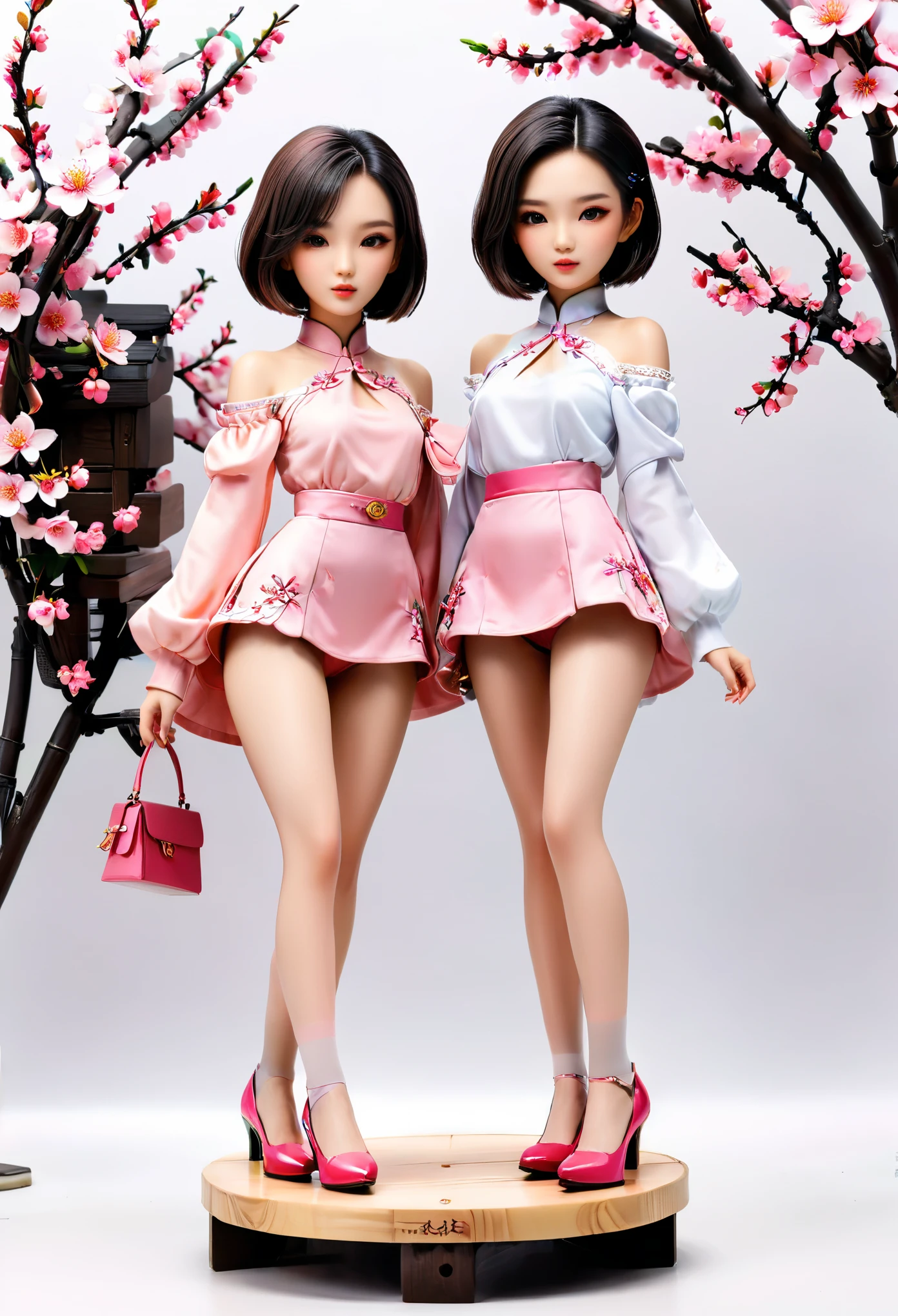 (Blind Box Spielzeug Stil:1.2),full body,white background,(2 Beautiful girl Models,shoulder length straight bob hair ,Standing on a round wooden base, pink Peach Blossom,stockings, high heels),(Oriental elements, Chinese color,Very colorful)