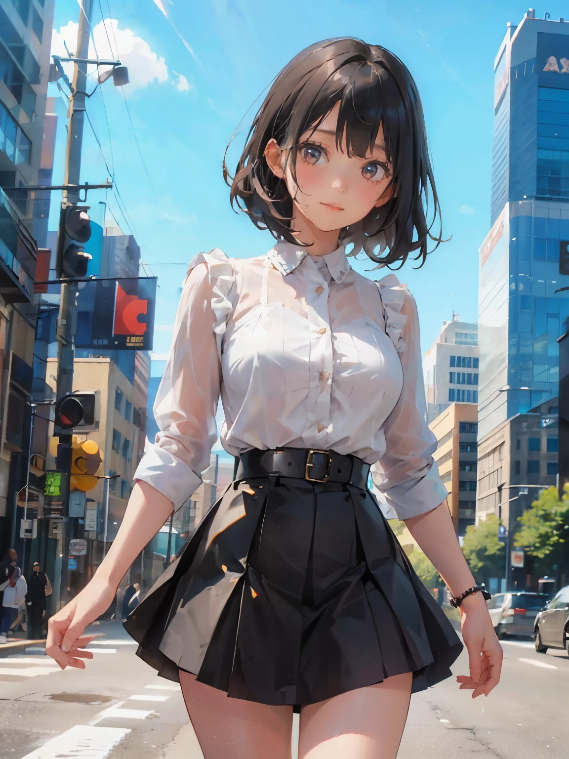 a girl with low-cut shirt, medium breasts, shorts, mini skirt, flared skirt, flirtatious look, very well detailed, cityscape or academy, black hair,