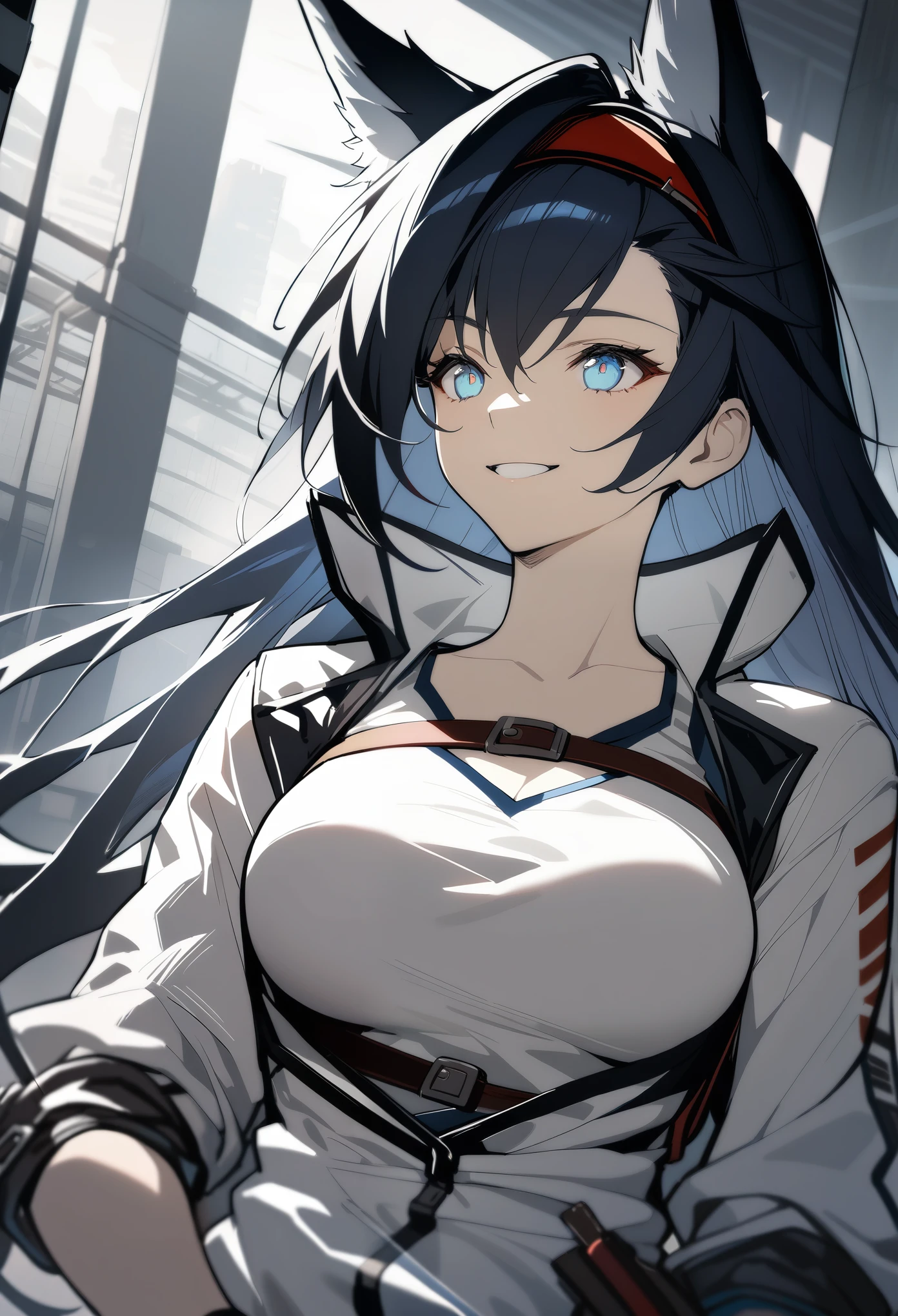 1girl, blaze\(arknights), arknights, upper body, standing, cat ears, black hair, long hair, blue eyes, breasts, smile, white jacket, white shirt, cinematic angle, masterpiece, best quality