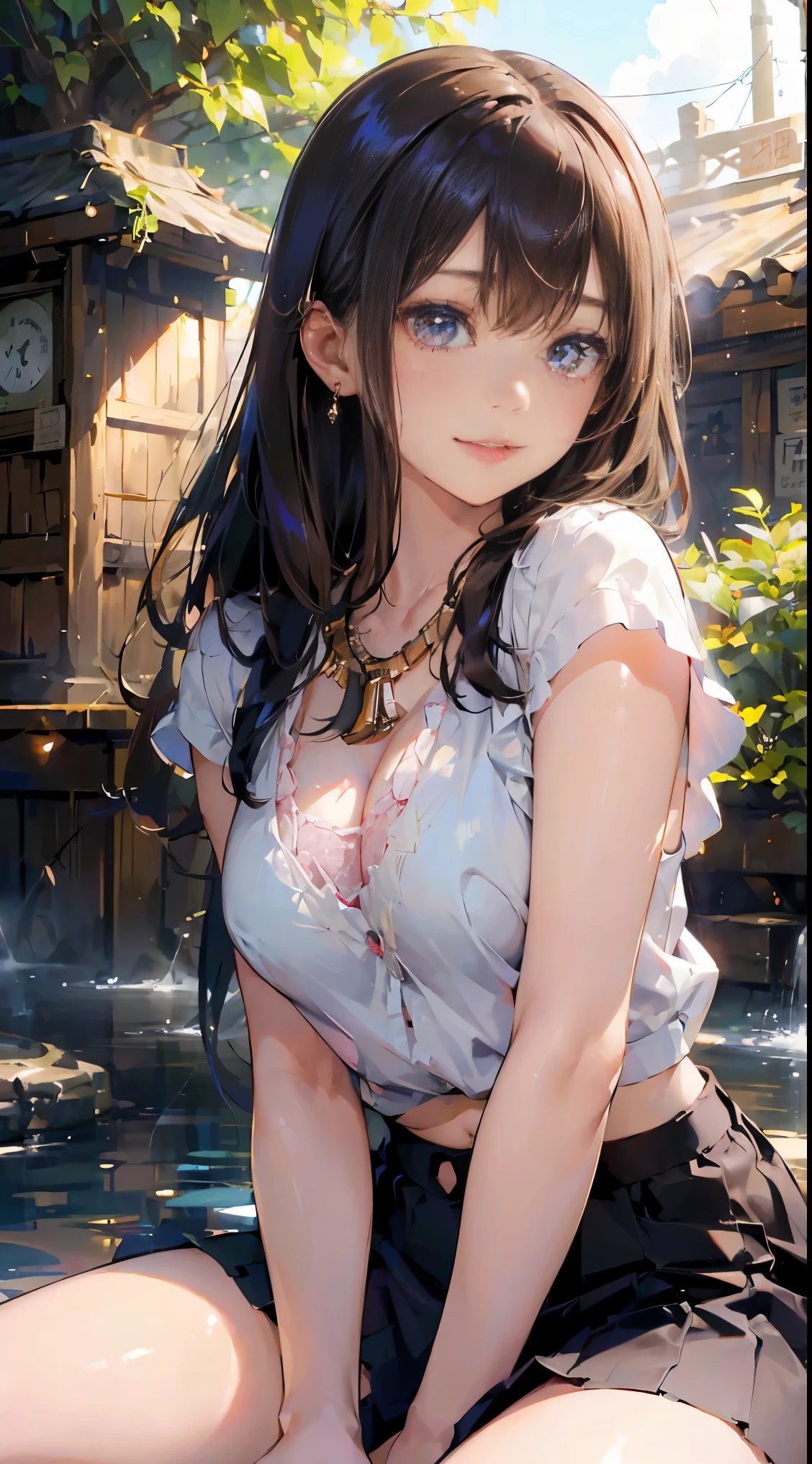 (masutepiece: 1.3), (max resolution: 1.2), (Ultra HDTV: 1.2), cinematric light, Ultra HDTV, (Detailed eyes and skin), (detailed facial features), nffsw, 8K resolution, Sharp Focus: 1.2, Perfect Style, Beautiful face, Perfect body, precise, Anatomically correct, Highly detailed face and skin texture, Detailed eyes, Dark-blue eyes, Double eyelids, Thin eyebrows, Glitter Eyeliner: 1.2, Natural cheeks, Glossy skin, Fair skin: 1.2, shiny little necklace and earrings, (Glossy lips: 1.4), BREAK, One-person viewpoint, (She is a very cute female teacher), (Pink lace panties), (Seductive smile: 1.2), ((a Innocent and cute girl:1.3)), (Long Wave Hair), (ligh brown hair:1.2), (Cowboy Shot: 1.2), BREAK, ((Very intimate relationships: 1.2)), medium large breasts, ((Looking at Viewer:1.2)), ((Hot spring trip:1.2)), ((Bend your knees and open your legs wide:1.2)), (From Side:1.2),low angle shot,Sleeveless sweater Tight jeans skirt