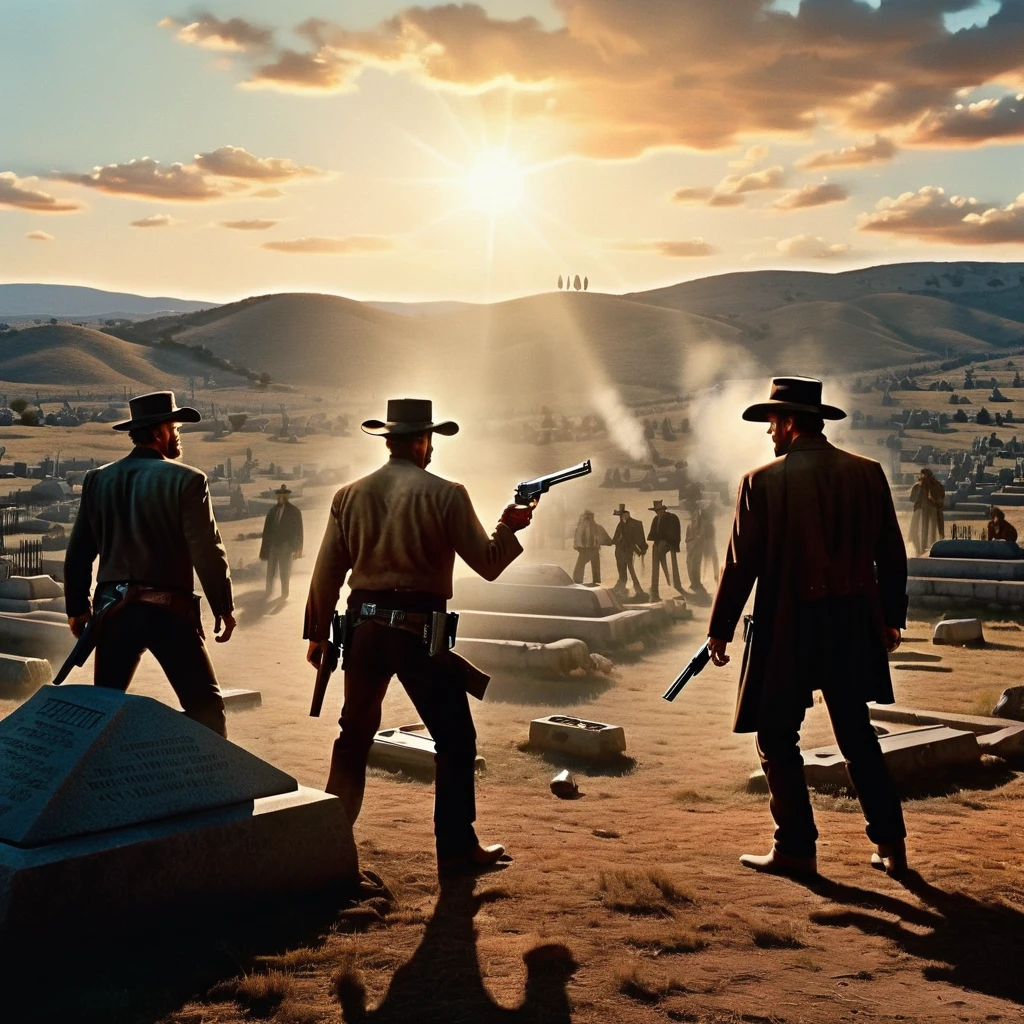 Illustration of the iconic final showdown from "The Good, the Bad and the Ugly, " featuring three gunslingers in a triangular standoff at a distance of 20 paces , viewed from an elevated side angle, revolvers drawn and pointed at one another, scattered identical crosses throughout the cemetery setting, emphasizing the tension of the moment, with dramatic lighting, cinematic composition, western color palette, pencil sketch texture, ultra-detailed, high contrast shadows emphasizing the grave markers, evoking the film's classic cinematography. High Resolution, High Quality, Masterpiece.best quality, masterpiece, super detail