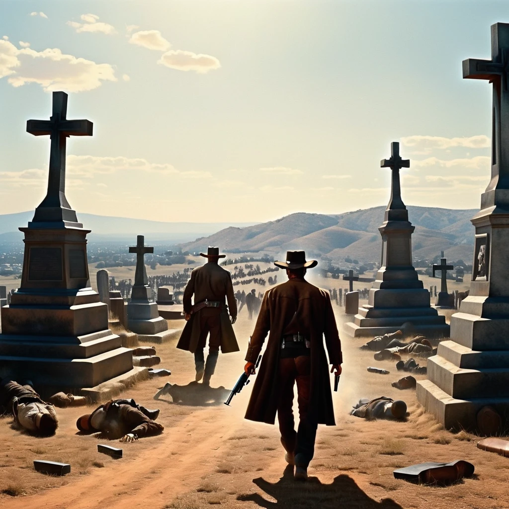 Illustration of the iconic final showdown from "The Good, the Bad and the Ugly, " featuring three gunslingers in a triangular standoff at a distance of 20 paces , viewed from an elevated side angle, revolvers drawn and pointed at one another, scattered identical crosses throughout the cemetery setting, emphasizing the tension of the moment, with dramatic lighting, cinematic composition, western color palette, pencil sketch texture, ultra-detailed, high contrast shadows emphasizing the grave markers, evoking the film's classic cinematography. High Resolution, High Quality, Masterpiece.best quality, masterpiece, super detail