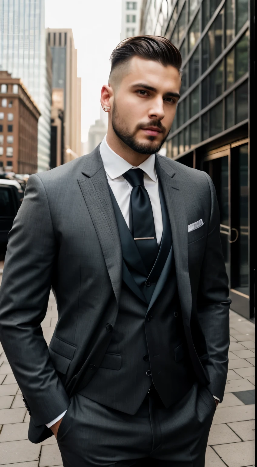 a man in a suit, with a very short haircut and shaved on the sides, with a beard, elegant, in an urban environment, professional photo, 4K, hyper-detailed, fashion