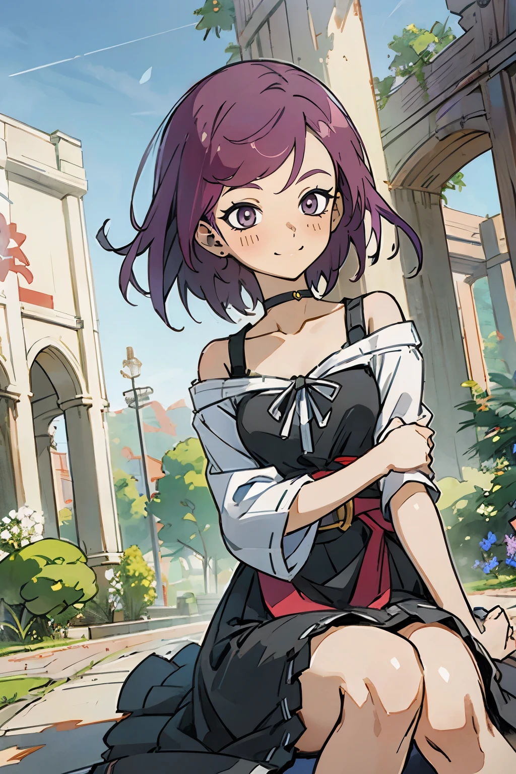 masutepiece, Best Quality, Ultra-detailed, Kisho, jigokuraku, 1 girl, reddish Purple hair, Gray eyes, showa town, Ruins, Bang, Beautiful sky, shining sky, Sunshine, Smiling, Waving, Black Belt, black choker, Dresses that blow the wind, black Lace dress, wool sweaters, Off-shoulder sleeves, sleeves on sweater, sit on the ground