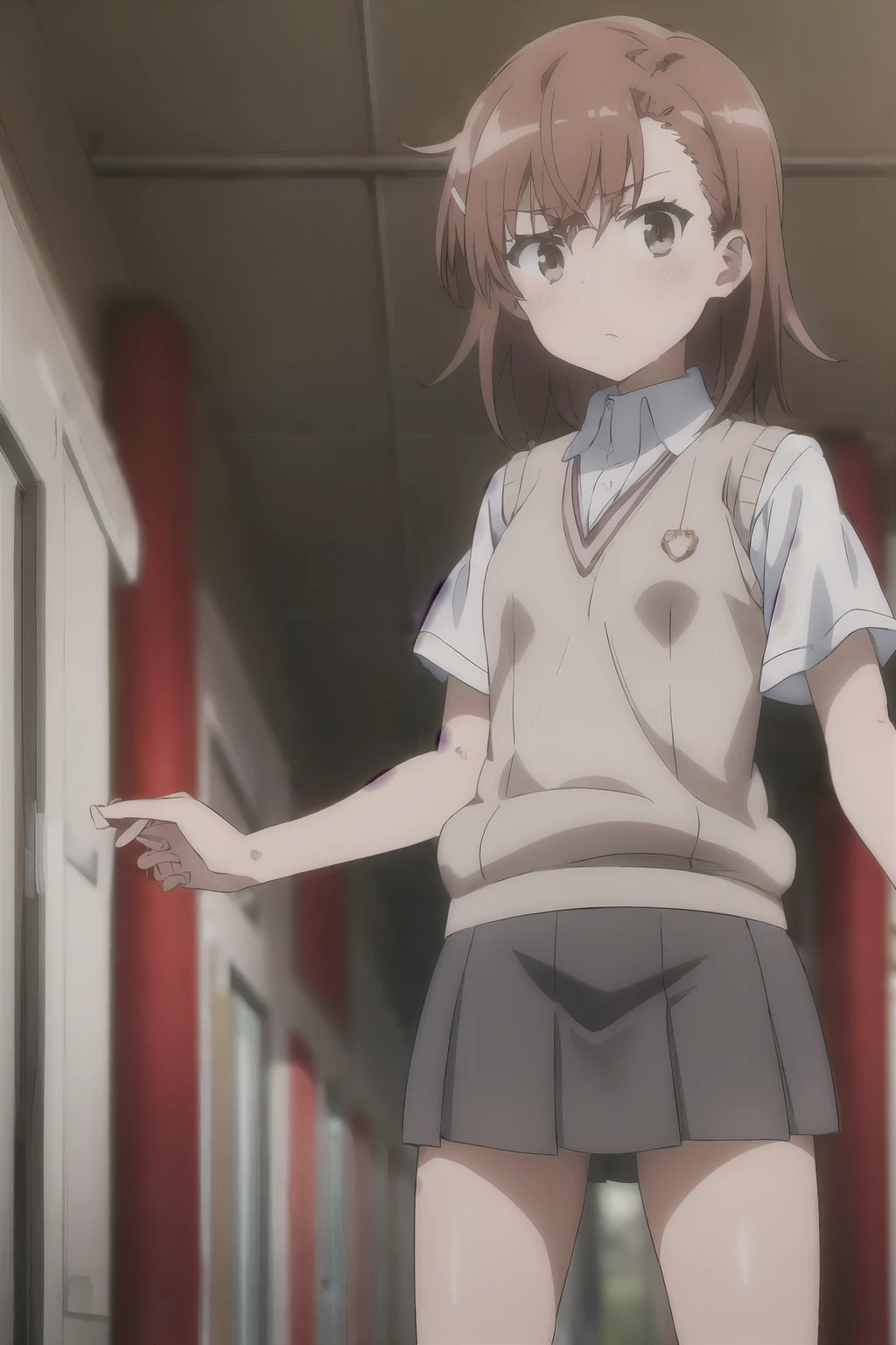 Masterpiece, highres, high Quality, 1girl, clothes lift, lifted by another, skirt lift,, masterpiece, best quality, highly detailed, misaka_mikoto, school_uniform, tokiwadai_school_uniform, white cute panties, flushed face, embarrassed, looking sideways, looking away,