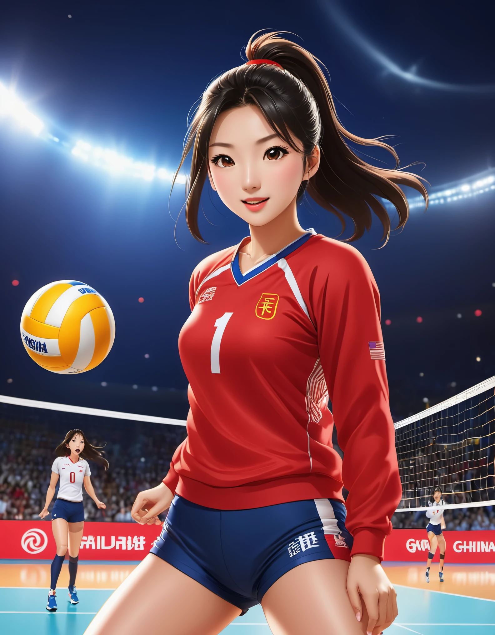 Chinese girl in red blouse （During the game, Lang Ping jumped high in front of the net and smashed the volleyball in the air.，Looks a lot like Chinese athlete Lang Ping，（sweatshirt with "china"letter：137），In 1981, the Chinese team won the third Women&#39;s Volleyball World Cup with 3:2 defeated Japan，，Dynamic smash action，A determined expression，Background volleyball game，Champion trophy，animation，studio ghibli illustration，official art，Kavasi style,32k，night，HD wallpapers，Selective focusing，Documentary style，