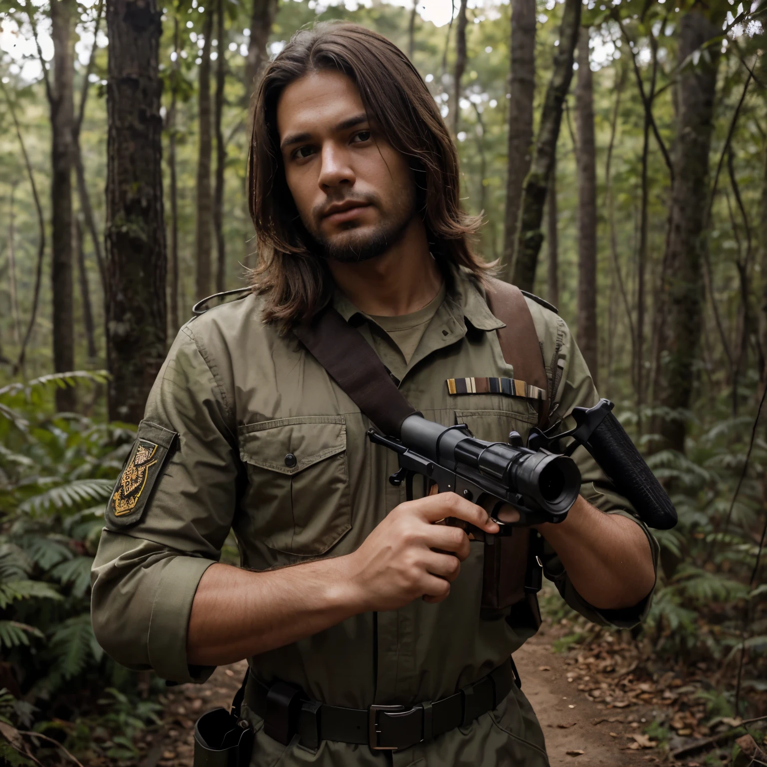 Criar um homem em uma foto retrato, onde o mesmo tem o cabelo baixo estilo militar, usando uma roupa de combatente em selva, holding a rifle in his hand, the setting he is in is in a forest, he has no beard and has dark brown eyes and brown skin