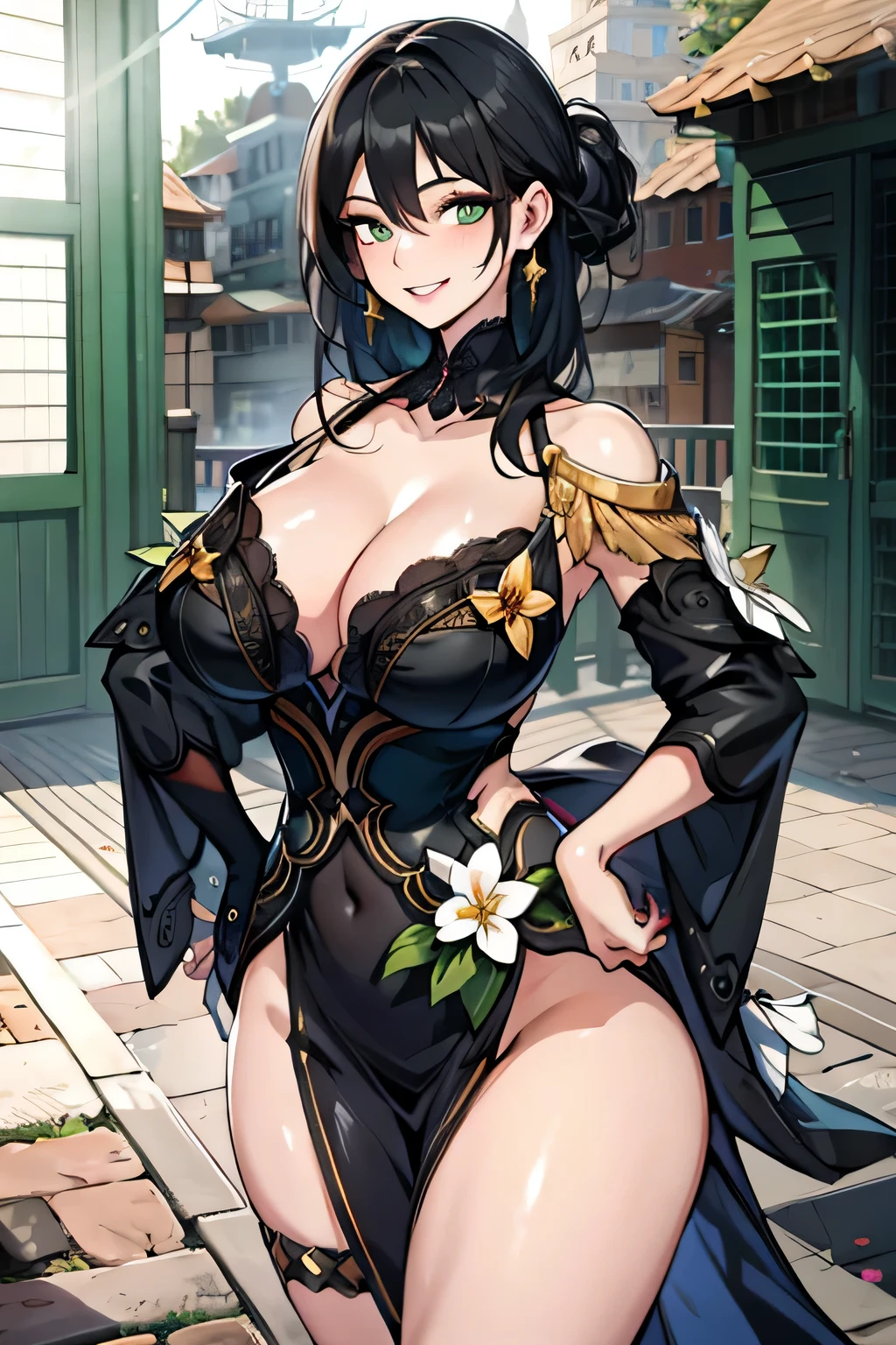 black hair, black colored dress, green eyes, gigantic breasts, smiling, cleavage, bare legs, ultra-detailed(best quality,highres:1.2), ultra-detailed eyes