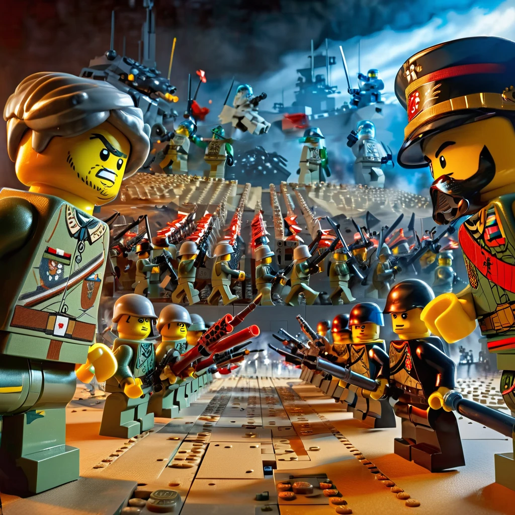 In the vivid and detailed world of LEGO，((Red Lego and Blue Lego have reached the final moment of battle:1.8))，A vast battlefield intricately built with Lego bricks，(Showing two completely different battles confronting each other:1.5)。At the forefront of both teams，(Two LEGO generals stood confronting each other:1.8)，Their expressions are fierce，Keep your eyes open，His eyes exude authority and fighting spirit。Behind them，Rows of Lego soldiers，Each character is designed with unique combat equipment，assume an aggressive stance，Ready to follow orders and charge。The circumstances around them were evidence of the impending，The temporary fortifications and the air are filled with tension.。((Another branch also reflects this state of readiness))，The stage is set for an epic LEGO showdown，((from side:1.8)), sideways