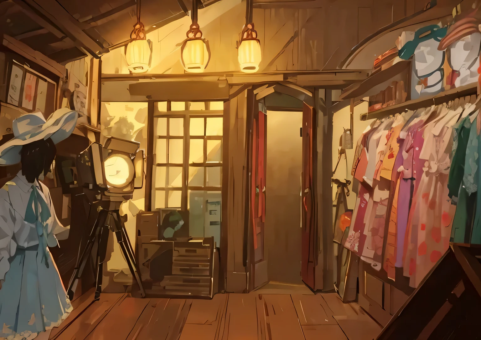 Es gibt einen Raum mit viel Kleidung, Innenhintergrundkunst, gemalt im Anime-Maler-Atelier, Anime-Hintergrundkunst, Stil des Madhouse-Studio-Anime, anime scenery Konzeptkunst, traditional japanese Konzeptkunst, Beleuchtungsstudie, Ghibli Studio-Stil, dramatische Beleuchtung. Konzeptkunst, von Ni Yuanlu, by an experienced environmental artist, Konzeptkunst scene
