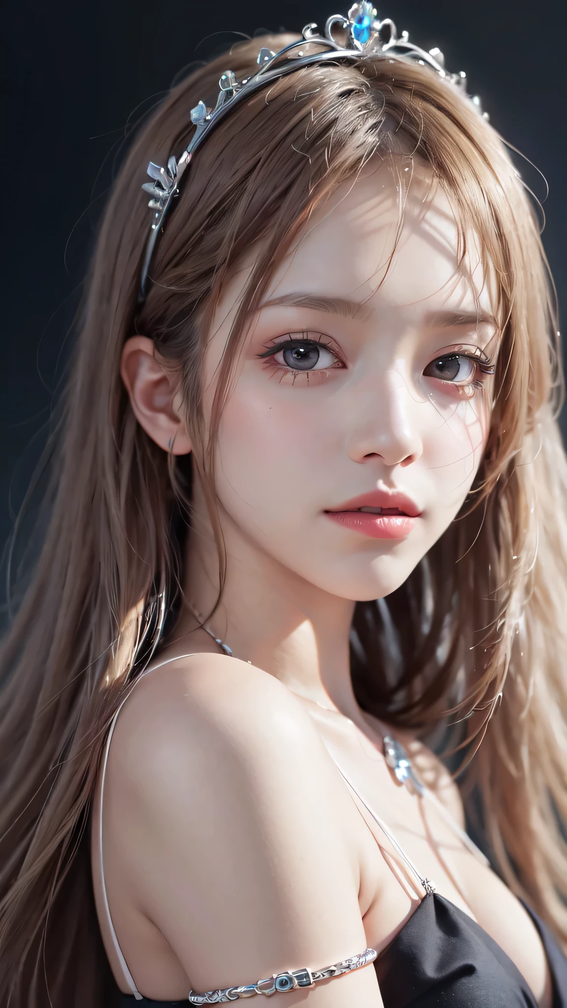 (close:1.4)、(RAW shooting:1.2)、(realistic:1.4)、(masterpiece:1.3)、(highest quality:1.4)、bright look、very beautiful girl、extraordinary beautiful girl、cute and beautiful face details、beautiful bangs、Brilliant white skin、facial hair、Bangs that extend to the face、bangs between eyes、super long hair、Charming light and dark platinum blonde super long straight silky hair、thin hair、Charming and shining beautiful bright and clear light blue big eyes、luxurious dress、tiara、double eyelid、rich bust、Upper body、ancient capital