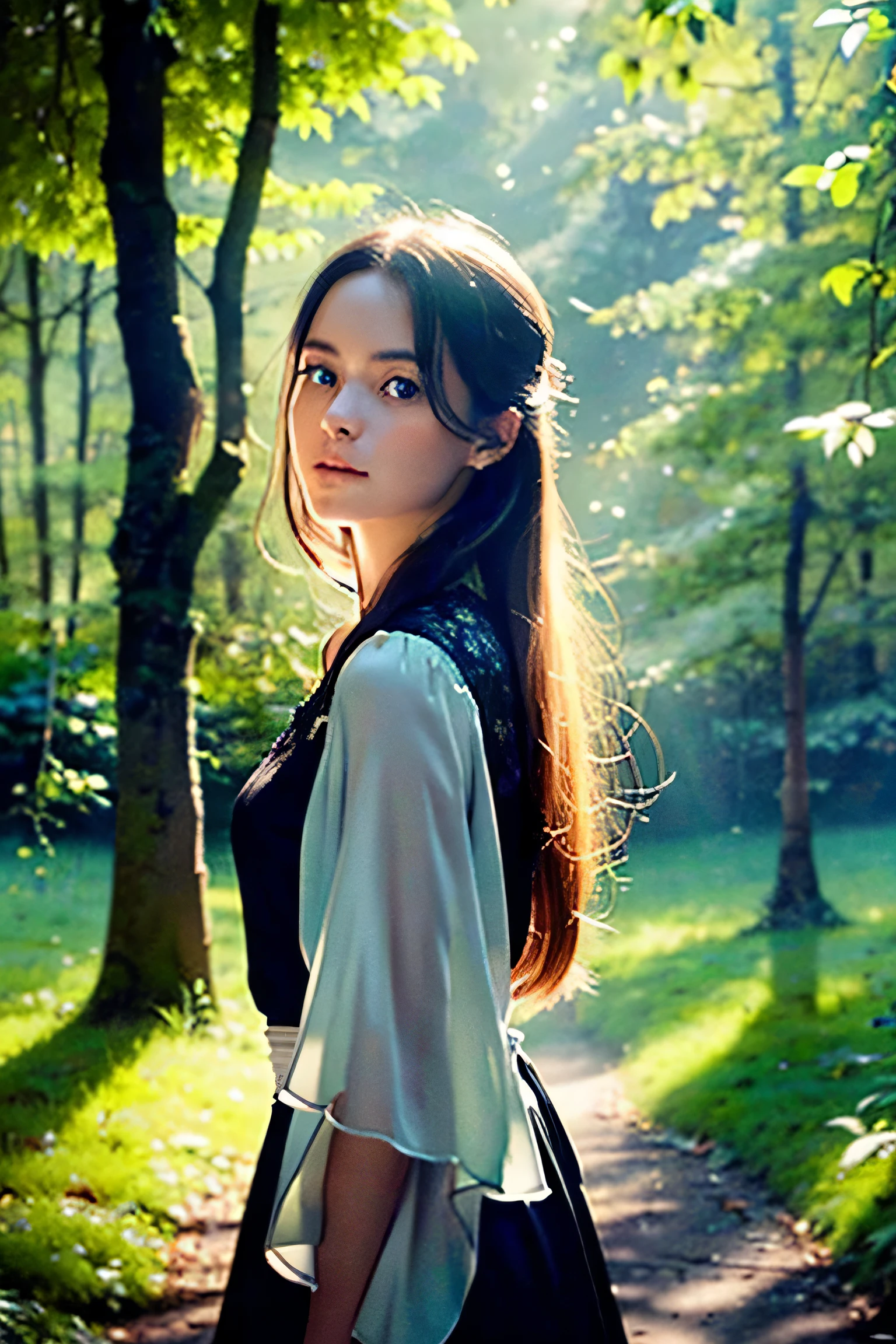 /imaginar pronto: Color photo of a girl with long hair., pelo rubio que fluye, cautivadores ojos azules, y una impresionante blusa negra. Su cabello cae en cascada sobre sus hombros., captando la luz y creando un suave, ethereal glow. Sus ojos brillan con una mezcla de curiosidad y profundidad., drawing you into their world. La blusa negra que usa tiene detalles intrincados., con delicados patrones de encaje y bordados florales que agregan un toque de elegancia a su conjunto. She stands against a background of lush greenery., un bosque tranquilo que realza la belleza natural del escenario. El ambiente es sereno, with a gentle breeze rustling the leaves and the distant sound of birdsong contributing to the peaceful atmosphere.. The mood is lovely, as if time had stopped momentarily to capture this moment of beauty. The camera used to capture this image is an old Nikon F3., loaded with a roll of Kodak Portra 400 film. Lens choice is a 50mm prime lens., permitiendo una perspectiva natural y poca profundidad de campo.. The photographer skillfully uses the backlighting technique., Allow sunlight to softly illuminate the subject and create a dreamlike atmosphere., efecto casi de otro mundo. This scene evokes the aesthetic sensitivity of directors like Sofia Coppola., the cinematography of Roger Deakins, photography by Annie Leibovitz, and the fashion design of Alexander McQueen. —c 10 —ar 2:3
