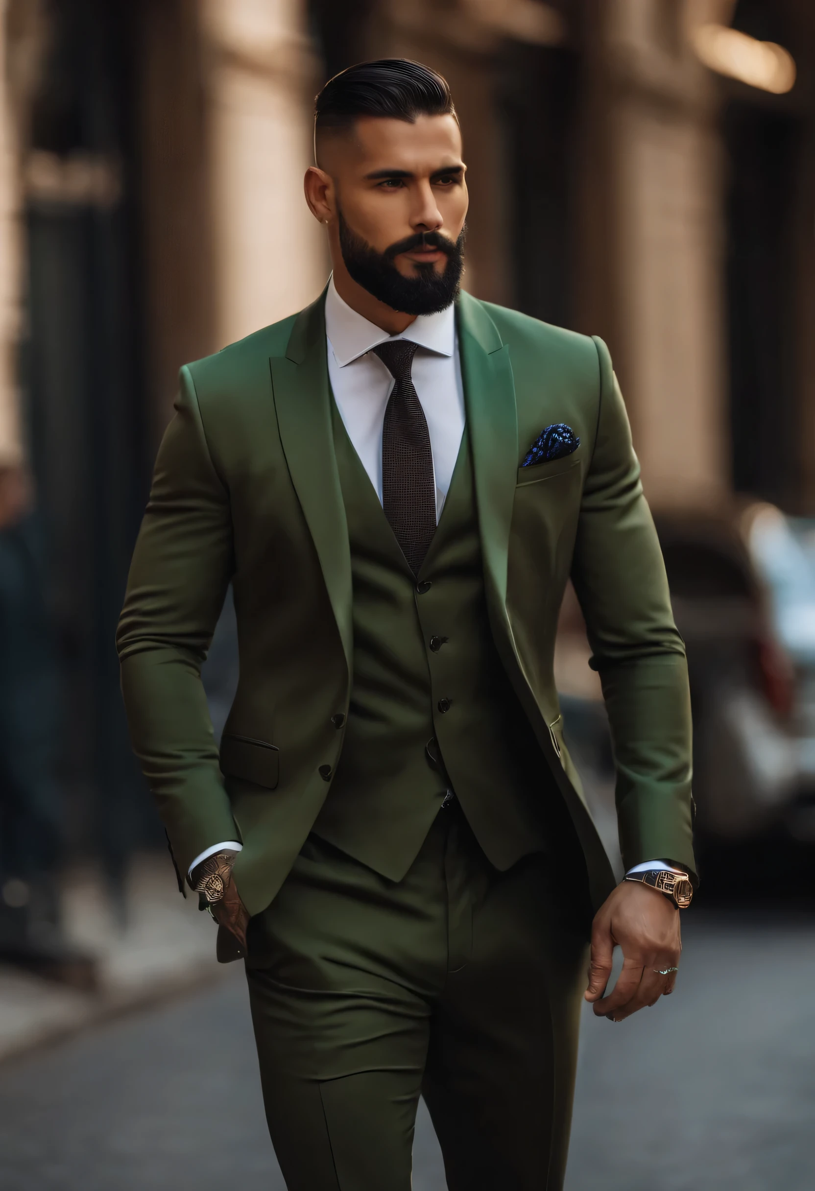 a Latino man in a suit, with a very short haircut and shaved on the sides, with a beard, elegant, in an urban environment, professional photo, 4K, hyper-detailed, fashion