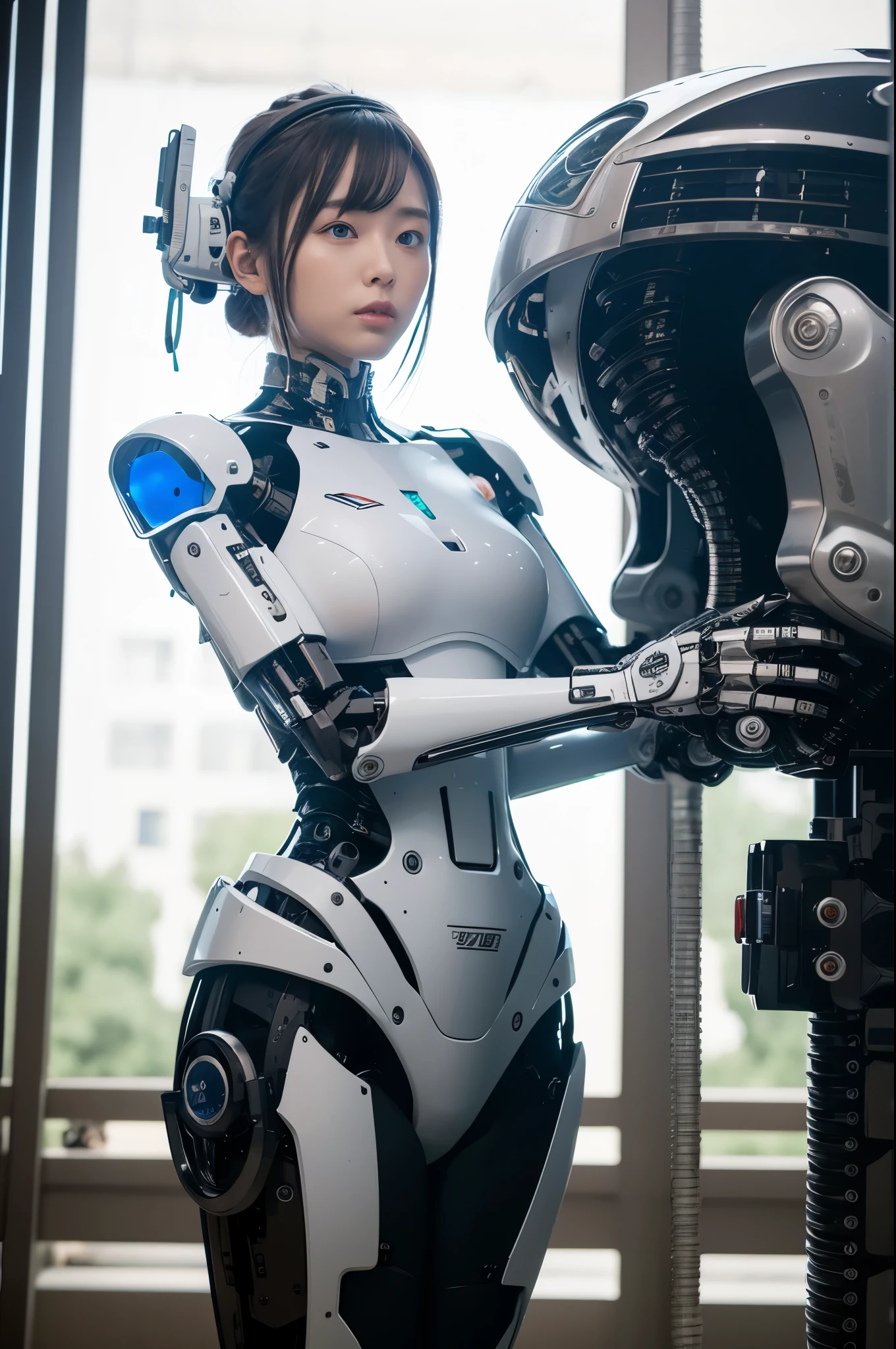 masterpiece, best quality, extremely detailed, Japaese android girl,Plump ,control panels,android,Droid,Mechanical Hand, Robot arms and legs,Blunt bangs,perfect robot girl,long tube,thick cable connected her neck,android,robot,humanoid,cyborg,japanese cyborg girl ,robot-assembly plant,She has assembled now,assembly scene,chest monitor,blue eyes