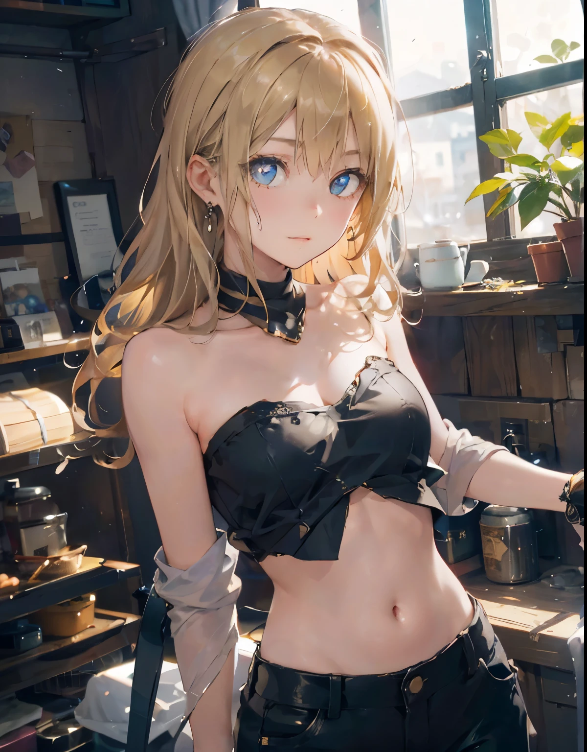 winryrockbell, winry rockbell, Beautiful eyes, blondehair, BREAK gloves, Navel, cleavage, Bare shoulders, clavicle, earrings, Midriff, Pants, Stomach, Bare arms, Strapless, bandana, Bandeau, Tube Top, grey gloves, Break indoors, BREAK looking at viewer, BREAK (masutepiece:1.2), Best Quality, High resolution, Unity 8k壁纸, (Illustration:0.8), (Beautiful detailed eyes:1.6), extra detailed face, Perfect Lighting, extremely details CG, (Perfect hands, Perfect Anatomy),