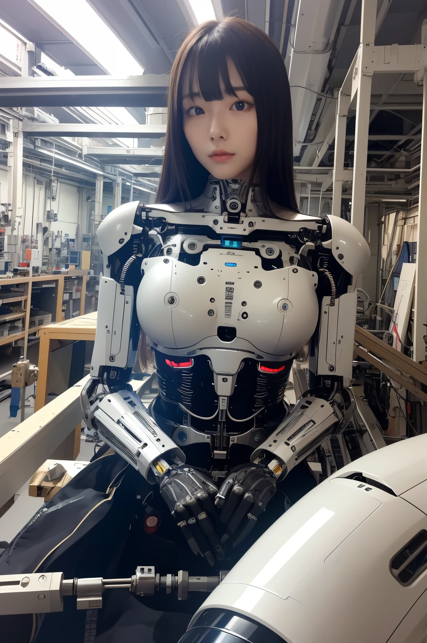 masterpiece, best quality, extremely detailed, Japaese android girl,Plump ,control panels,android,Droid,Mechanical Hand, Robot arms and legs,Blunt bangs,perfect robot girl,long tube,thick cable connected her neck,android,robot,humanoid,cyborg,japanese cyborg girl ,robot-assembly plant,She has assembled now,assembly scene,chest monitor,blue eyes
