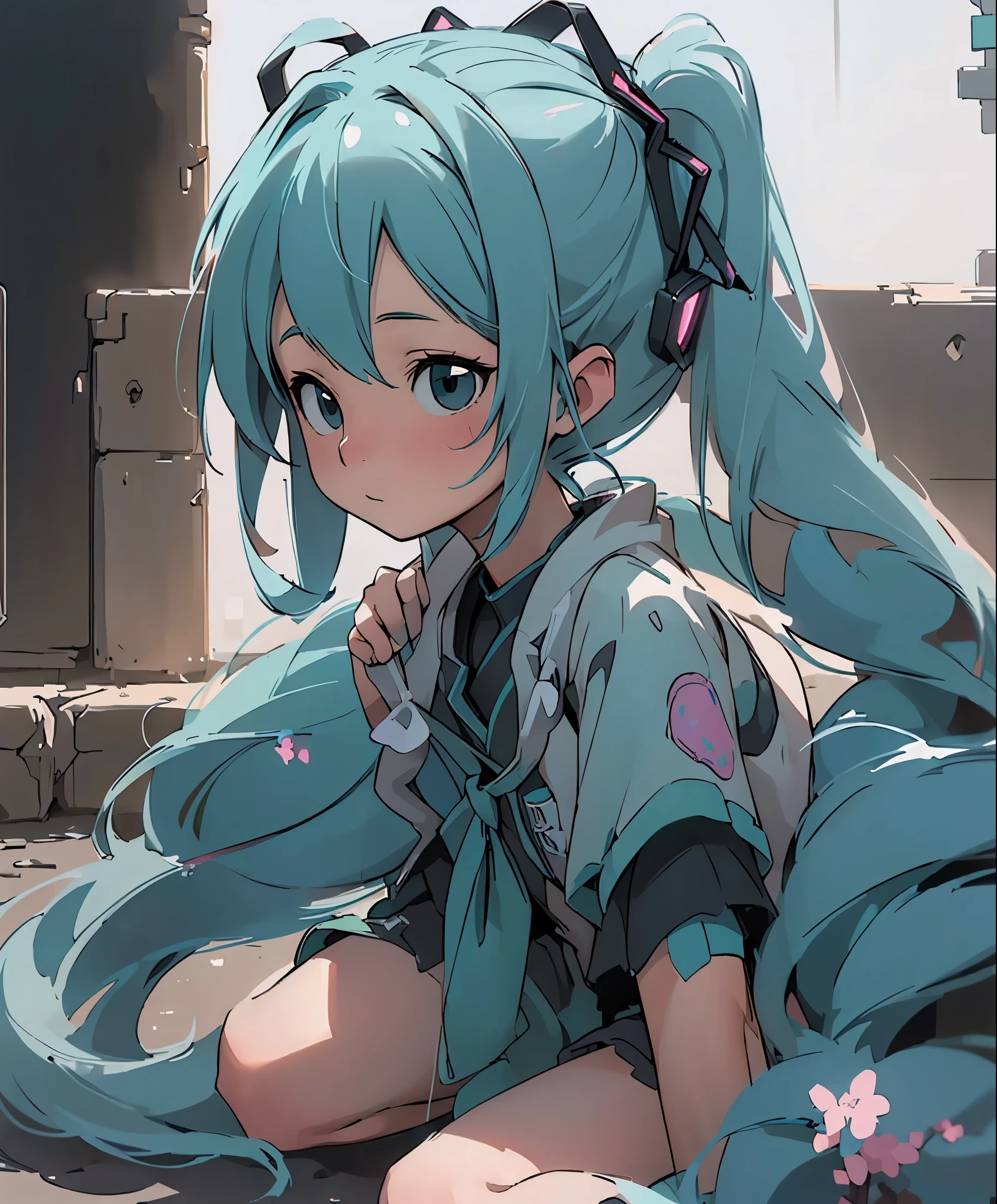 (masterpiece、highest quality、highest quality、official art、beautiful beautiful:1.2)、(1 girl:1.3)Hatsune Miku、twin tails,巨乳 Hatsune Miku, Sci-Fi costumes,science fiction city background,full body esbian,barefoot,Front view, Focus on appearance,reflect everything, (master piece) (8K high resolution) (best quality person) (super defined) (ultra photoreal sim)(Raw photo) (realistic) (bright lighting)