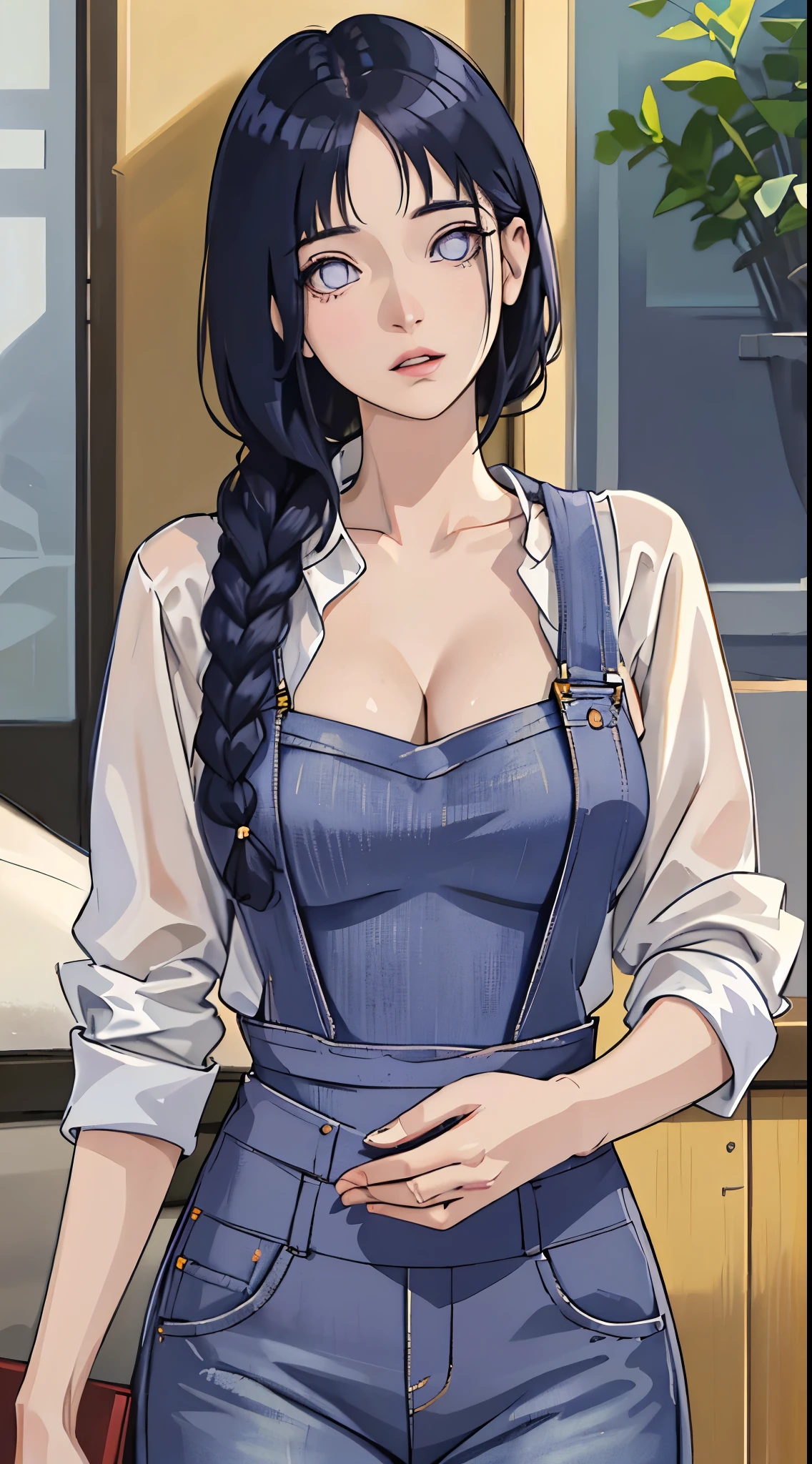 masterpiece, best quality, Extremely detailed, illustration,1 Girl,
Long gray hair,Dark blue hair,French Braid,Purple Eye,blunt bangs,cleveage,busty shirt,(jeans:1.1),
(((Full breasts,)))(((Large Breasts))) (((Cleavage))),
Looking at the audience,Fruit ice/(Poruto/),Detailed lips