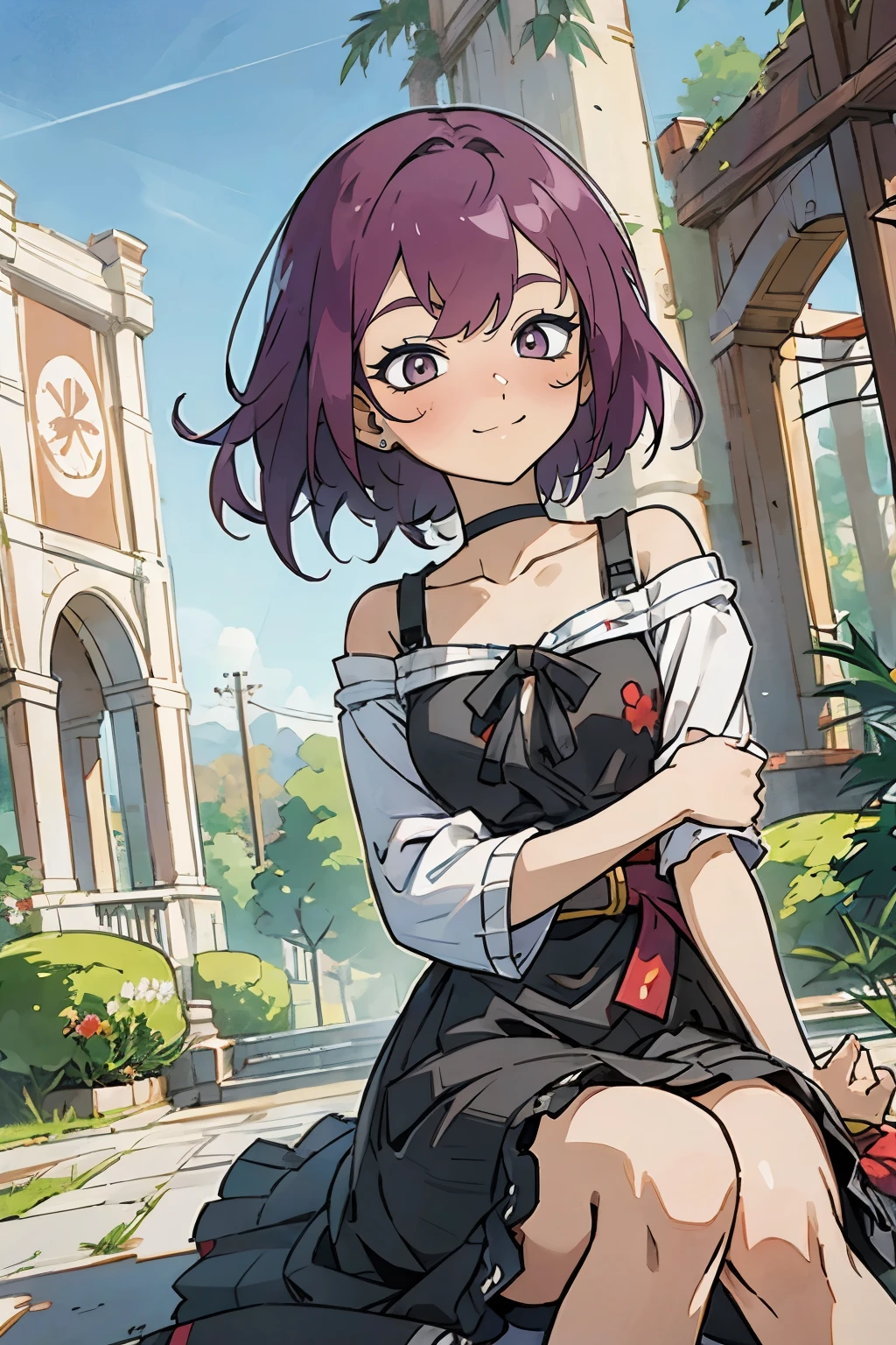 masutepiece, Best Quality, Ultra-detailed, Kisho, jigokuraku, 1 girl, reddish Purple hair, Gray eyes, showa town, Ruins, Bang, Beautiful sky, shining sky, Sunshine, Black Belt, black choker, Dresses that blow the wind, black Lace dress, wool sweaters, Off-shoulder sleeves, sleeves on sweater, sit on the ground