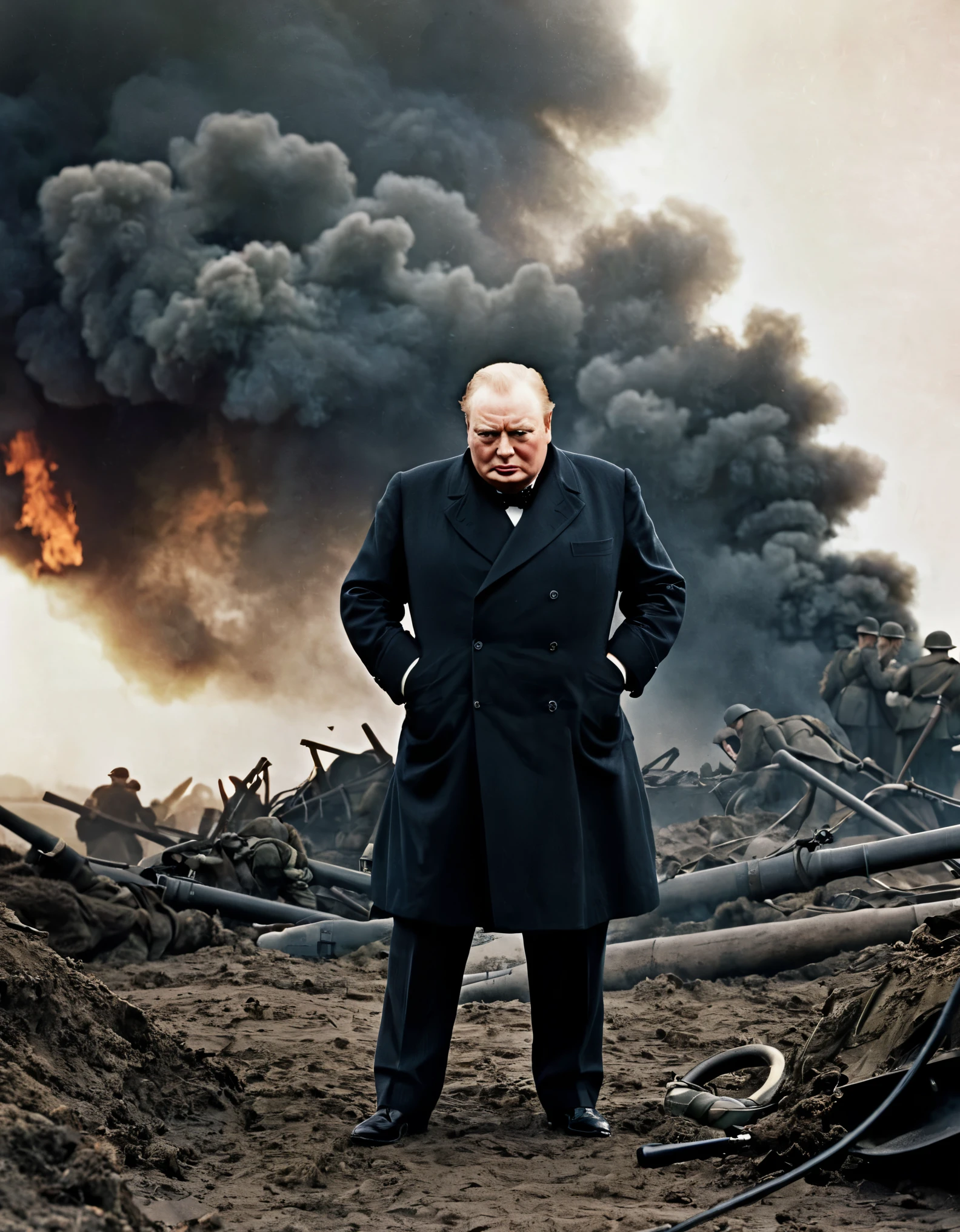 poster，《The moment of decisive battle》As a film based on reality，Shows the British Prime Minister Churchill during World War II，fire light，Thick smoke