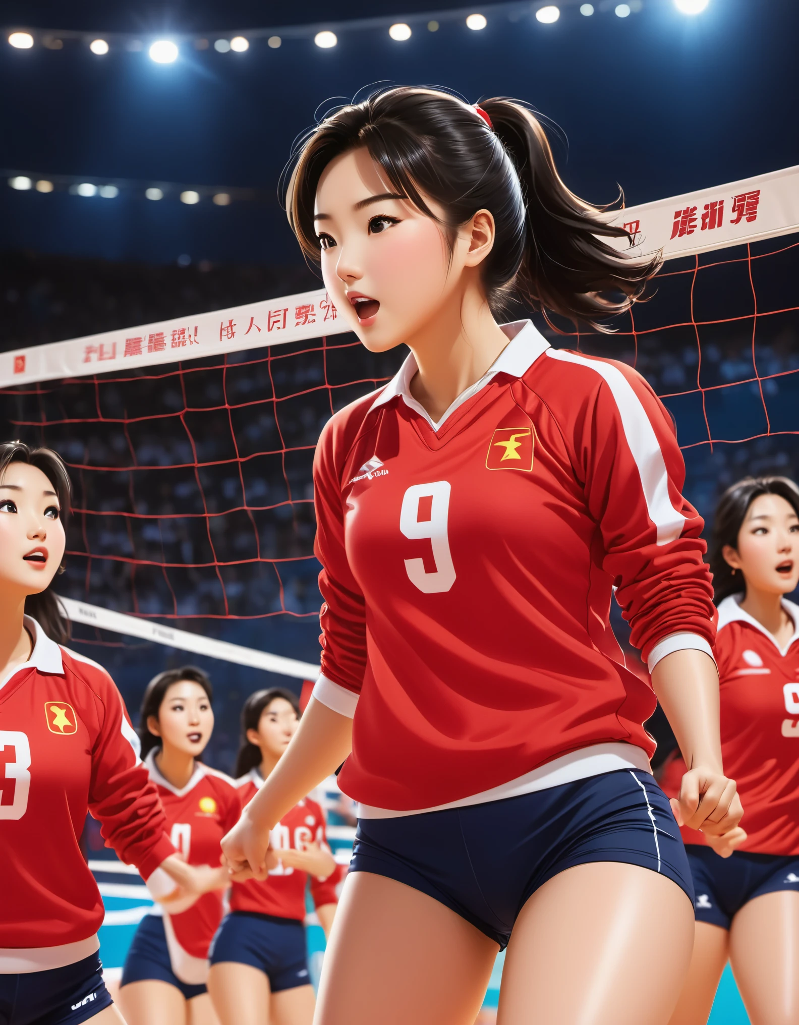 Chinese girl in red blouse (Lang Ping faced the net during the game and jumped high to smash the volleyball in the air),Looks a lot like Chinese athlete Lang Ping,(sweatshirt with "china"letter:137),In 1981, the Chinese team won the third Women's Volleyball World Cup with 3:2 defeated Japan,,Dynamic smash action,A determined expression,Background volleyball game,Champion trophy,animation,studio ghibli illustration,official art,Kavasi style,32k,night,HD wallpapers,Selective focusing,Documentary style,
