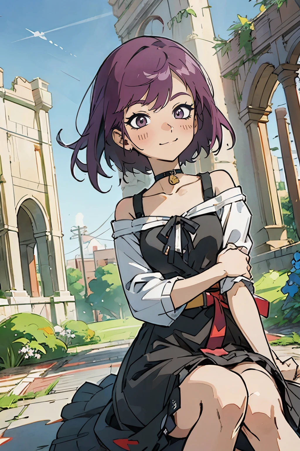 masutepiece, Best Quality, Ultra-detailed, Kisho, jigokuraku, 1 girl, reddish Purple hair, Gray eyes, showa town, Ruins, Bang, Beautiful sky, shining sky, Sunshine, Black Belt, black choker, Dresses that blow the wind, black Lace dress, wool sweaters, Off-shoulder sleeves, sleeves on sweater, sit on the ground
