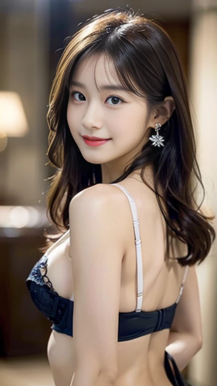 Angelique is a very beautiful and cute girl.,
beautiful and detailed eyes,
detailed double eyelids,
(Big eyes:1.3),long eyelashes,
(beautiful detailed face and eyes:1.4),
small nose,
small mouth,
beautiful long hair,
Smile happily with visible teeth,
(highest quality:1.2),
RAW photo,
High resolution,
perfect details,
professional photography, whole bodyショット,professional lighting,BREAK has big round breasts,beautiful feet, in the city,brown hair,(Dark blue sexy and naughty panties、Dark blue sexy and naughty bra、shiny)、whole body、sexy ass