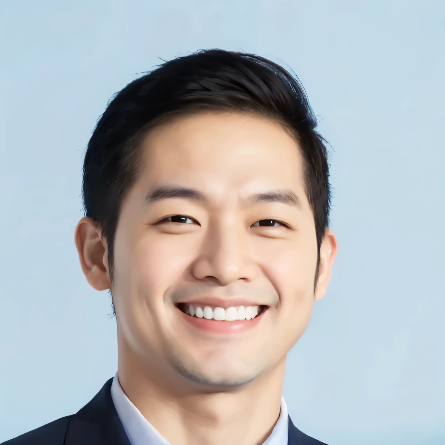 smiling asian man in a suit and tie with a blue background, thai