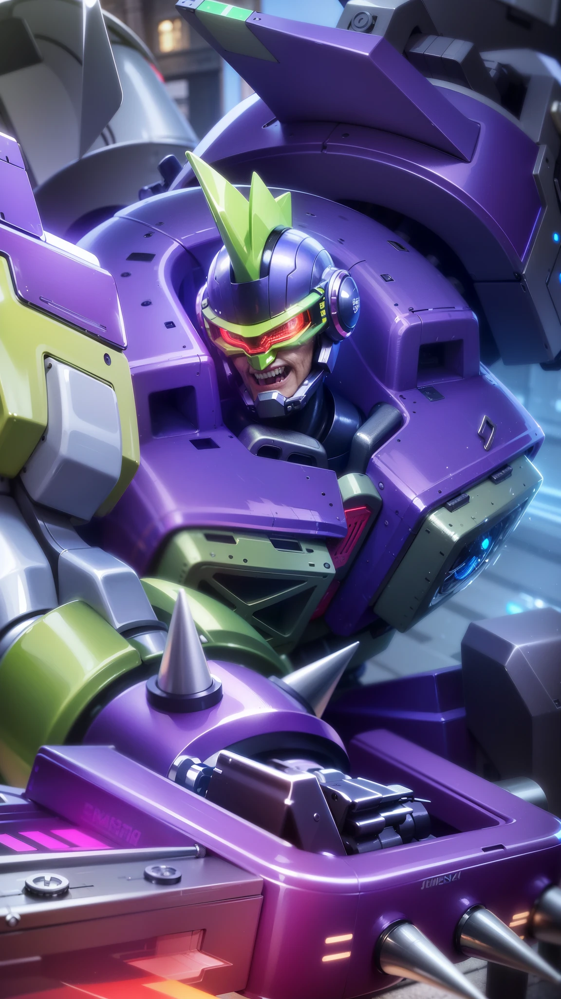 masculine male, masterpiece, best quality, (semirealism:1.9), beautiful lighting, (extremely detailed CG unity 4k fhd wallpaper), High Detail, Sharp focus, dramatic outdoors, a close up of a robot with a helmet on and a sword, futuristic outfit riding a motorcycle, smile.