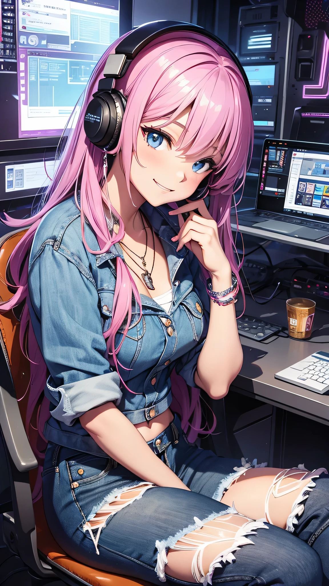 最high quality、best image quality、masterpiece、girl((20-year-old、 By becoming、vest bust、medium bust,wide open breast tea、shining eyes, neon hair、long hair、thin,highest valley、Damaged Denim Shorts、black navel shirt、Damaged Denim Jacket、smile、full body tattoo,diamond earrings、Wristband、necklace、sit on a chair、I have headphones、leaning forward、elation、sing)),high quality、beautiful art、background((Hacker Room、server room、neon lighting、computer stand、Laptop))、Flight、debris flies、Depth of written boundary、movie、visual art、perfect art、8k,genuine、