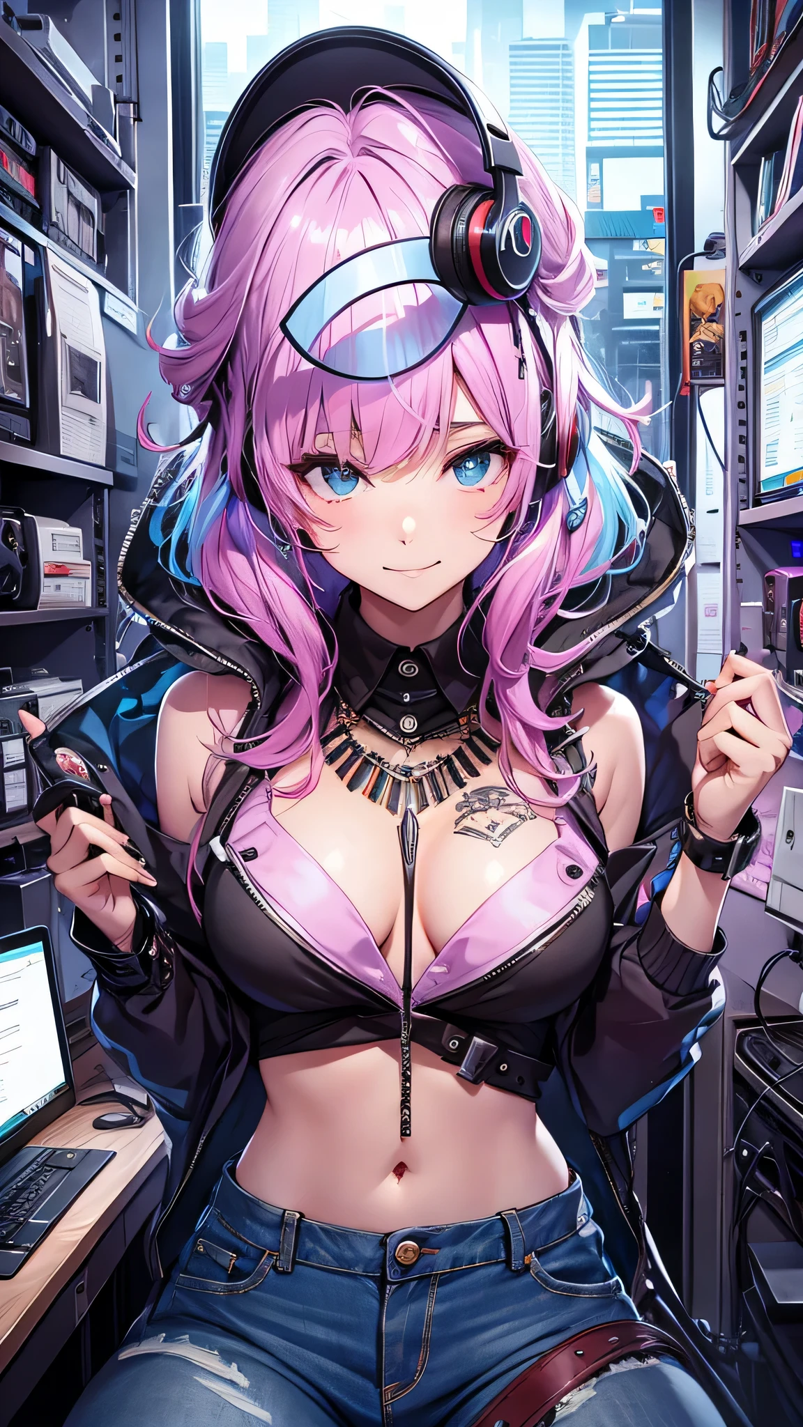 最high quality、best image quality、masterpiece、girl((20-year-old、 By becoming、vest bust、medium bust,wide open breast tea、shining eyes, neon hair、long hair、thin,highest valley、Damaged Denim Shorts、black navel shirt、Damaged Denim Jacket、smile、full body tattoo,diamond earrings、Wristband、necklace、sit on a chair、I have headphones、leaning forward、elation、sing)),high quality、beautiful art、background((Hacker Room、server room、neon lighting、computer stand、Laptop))、Flight、debris flies、Depth of written boundary、movie、visual art、perfect art、8k,genuine、