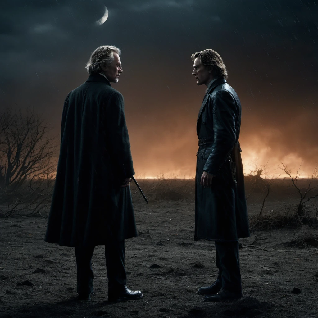 Final Showdown, aesthetic, extremely detailed, A color photo titled "The Final Showdown" depicts a tense face-off between a protagonist and antagonist under a moonlit, threatening atmosphere. Sweat and ready muscles hint at an imminent battle while shadows and distant thunder enhance the foreboding mood. The urgency is palpable, suggesting a ticking clock and the world's fate in balance. The scene is shot with a vintage Nikon F5 camera, offering precise details and shallow depth of field that highlights the characters. Christopher Nolan directs, Roger Deakins handles cinematography, and Alexander McQueen styles the costumes, infusing the scene with suspense, immersive visuals, and avant-garde elegance.