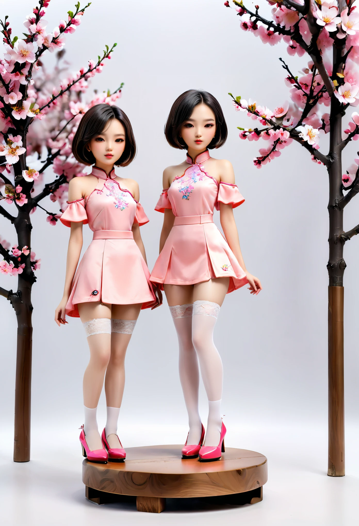 (Blind Box Spielzeug Stil:1.2),full body,white background,(2 Beautiful girl Models,shoulder length straight bob hair ,Standing on a round wooden base, pink Peach Blossom,white stockings, high heels),(Oriental elements, Chinese color,Very colorful)