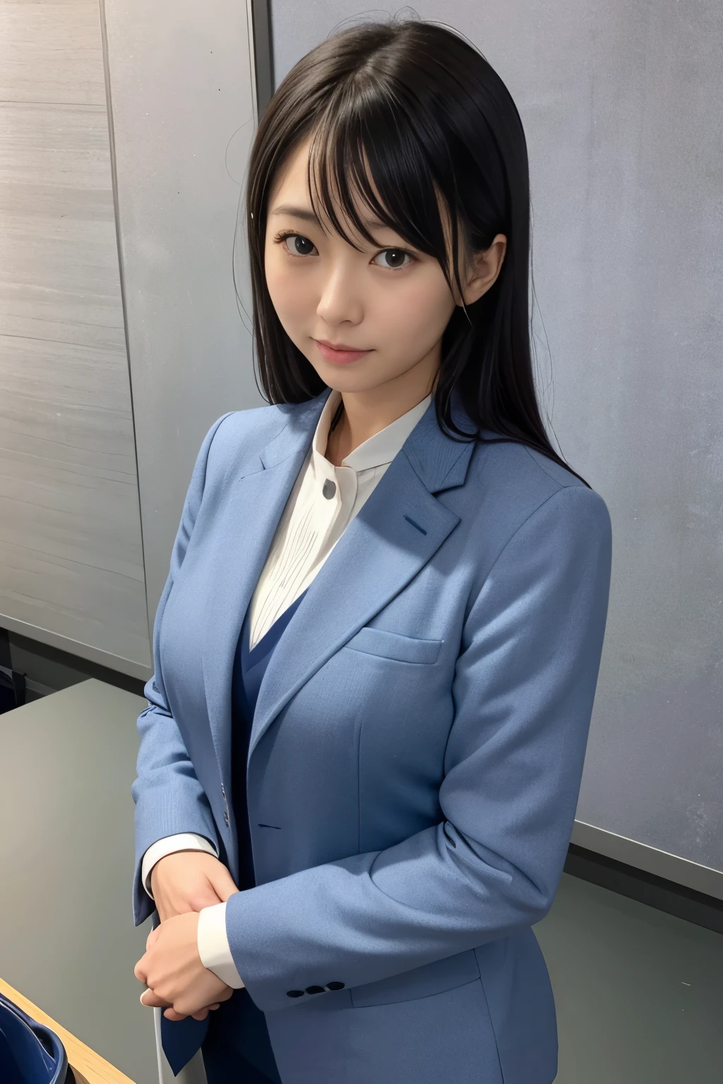 has a blue pot、female teacher、gray suit, 36 years old、gentle expression、,front、blur the background