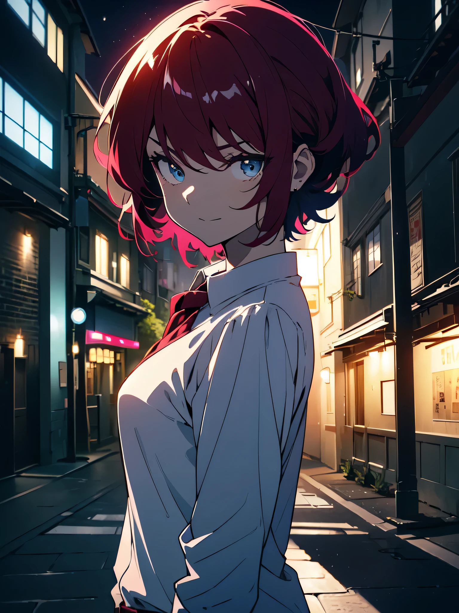 (masterpiece, highest quality)、(shining eyes), ((one young man)),((cool boy))、(burgundy hair,inner color)、(short hair)、celeste blue eyes,serious expression, evil smile,line drawing,((Sloppy,short hair))、messy hair、(twist perm),(Sloppyの髪、two block hair),white blazer,black t-shirt,expressionless eyes,((beautiful animeスタイル))、(dark and serious background),(dark back alley)、(downtown at night)、beautiful anime