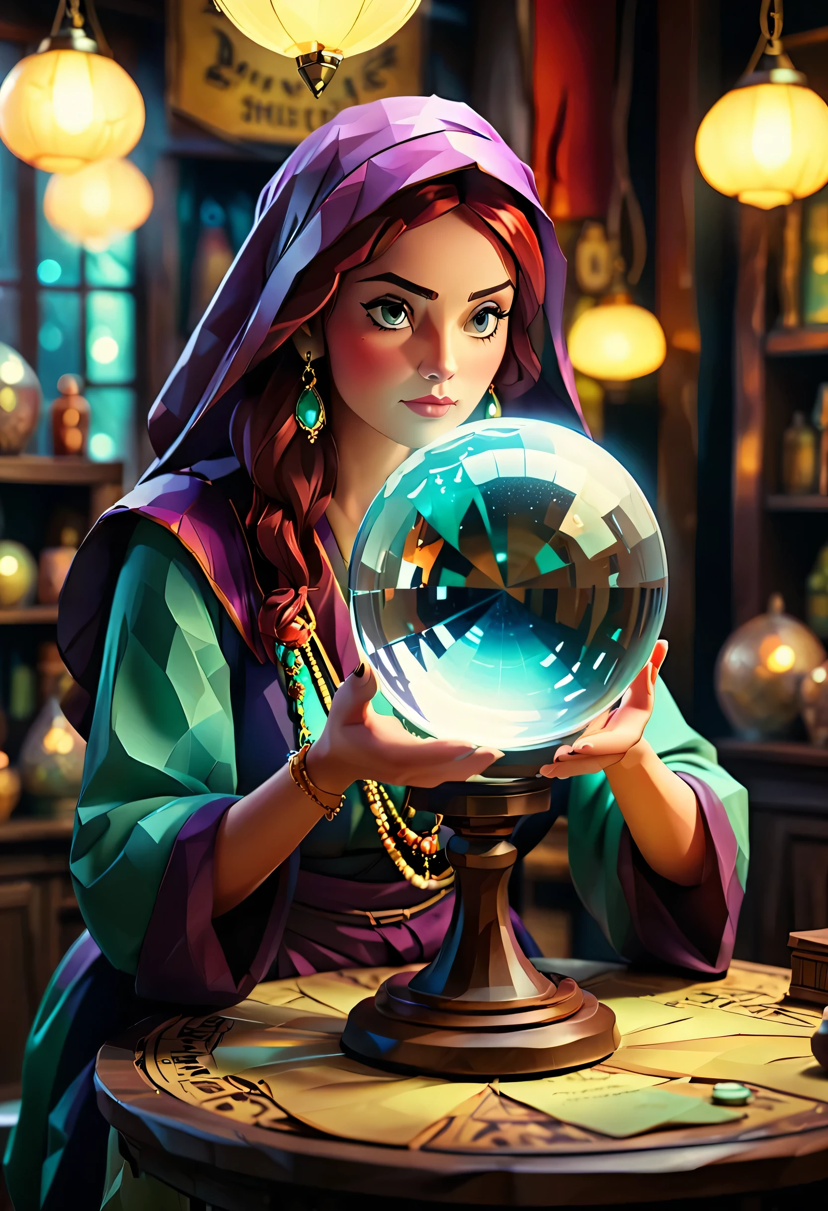 Fortune teller peering into crystal ball in dim light, mystery shop., (Film Color Graded Lighting Retro Realistic Film Grain Scratches Celluloid Simulation Cold Shadows Warm Highlights Soft Focus Actor Direction Cinematography Technique Color :1.3), with text "Strong eyesight" on top
