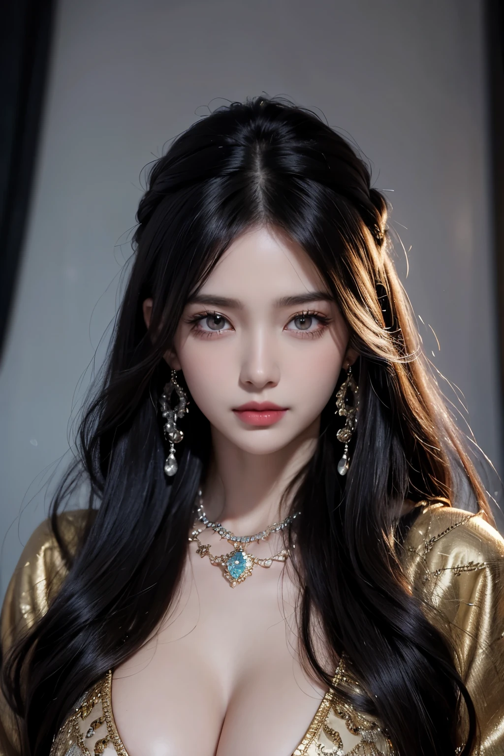 photorealistic, high resolution, soft light,1women, solo, hips up, shining skin, (detailed face),tattoo, jewelry, winter wear, coat, snow, night, wavy hair, Beautiful Soldier, Eyes That Invite Viewer, Lover's Perspective, Inviting Expression, Sexy Smile, Perfect Style, Perfect Balance, Detailed Skin, Naughty Gaze, Chest Visible, long hair dyed black,beautiful hair jewelry, pretty face pretty and cute, perfect face, earring jewelry, head and hair jewelry, antique jewelry, big red eyes, full body workout
