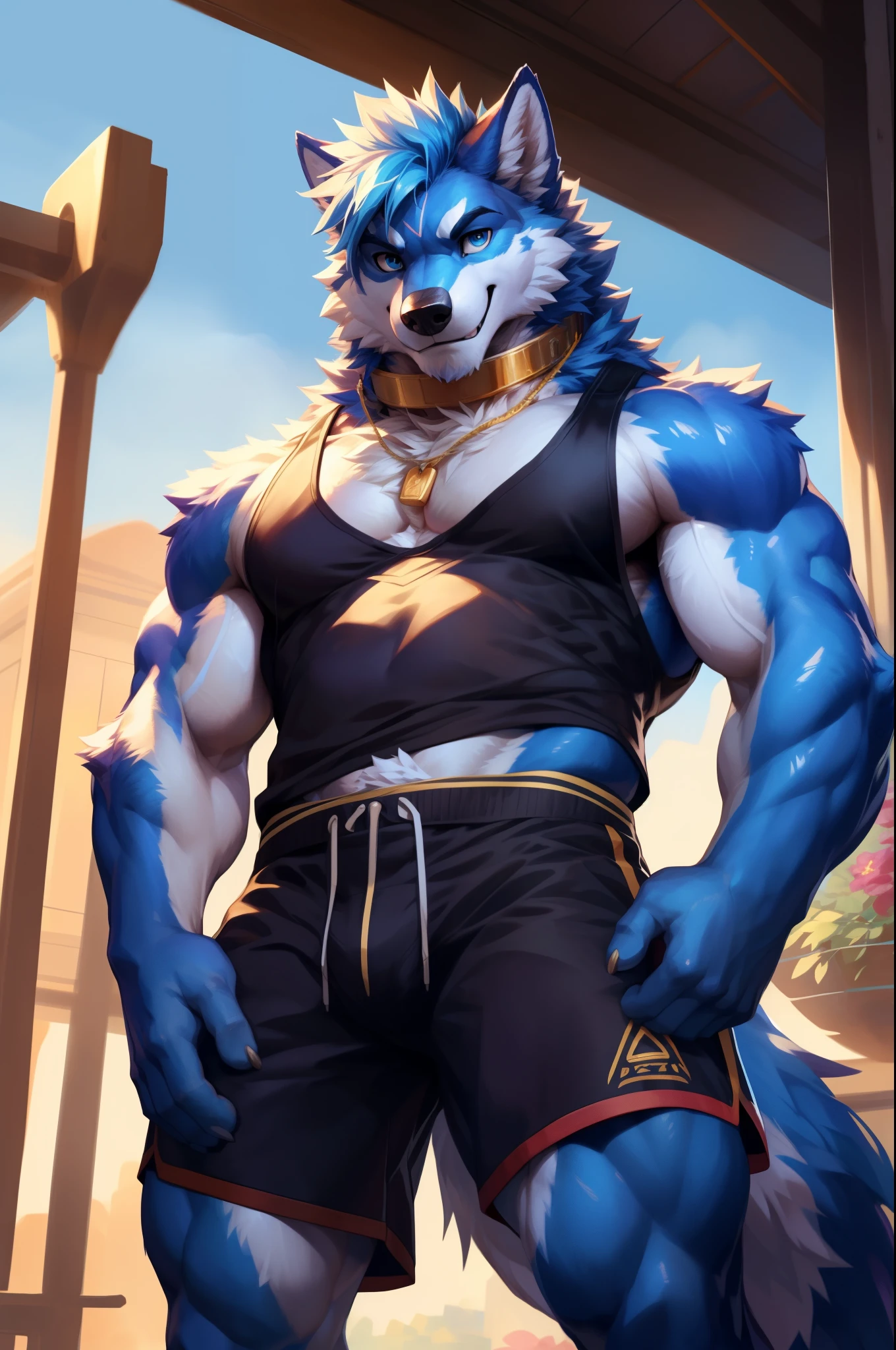 solo,anthro,furry,furry male, Wolf, ((fluffy fur,fluffy,furry body)), (Blue fur, ancient Wolf print), (blue body), Blue mohawk, blue eyes, short messy hair, tail, blue hair, sky blue eyes, detailed fluffy fur, black sport crop top, detailed face, detailed eyes, dark blue shorts, Gold trimming, gold trim, black tank top, crest, string necklace, crystal, blue pendant, detailed clothes, shirt, detailed tank top, tight shorts, metal collar, gold straps, white muzzle, full body, muscular, fantasy outdoors, (by null-ghost, by racoon21, masterpiece, high quality,hi-res,8k had), standing,close-view portrait, looking at viewer, indoor, lights, happy expression, smile, dark shadows, flowers, pose, gym equipment, sunny day,
