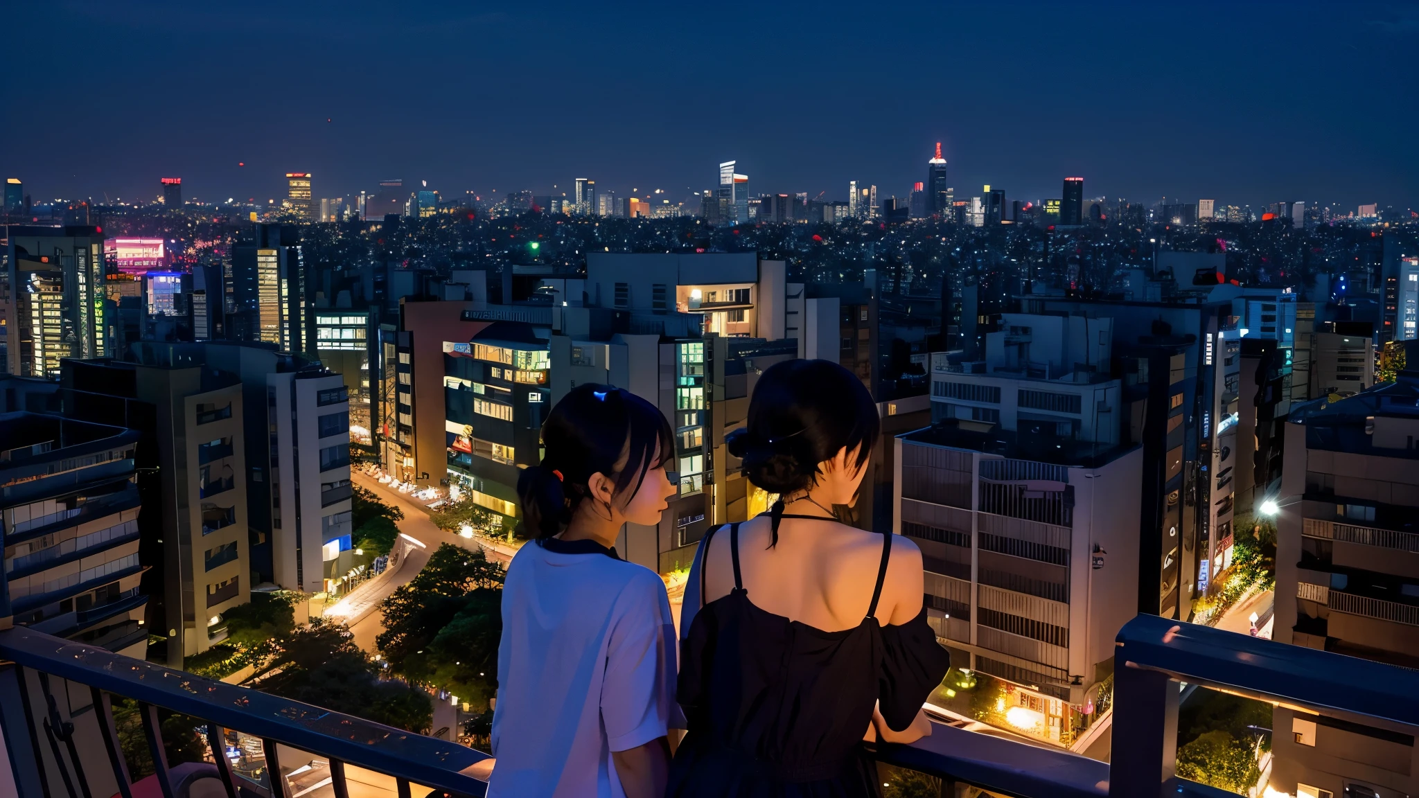 Tokyo night view,Night view from the balcony,Many night cherry blossoms in the night view,woman on the balcony,back view,anime style,Ghibli style