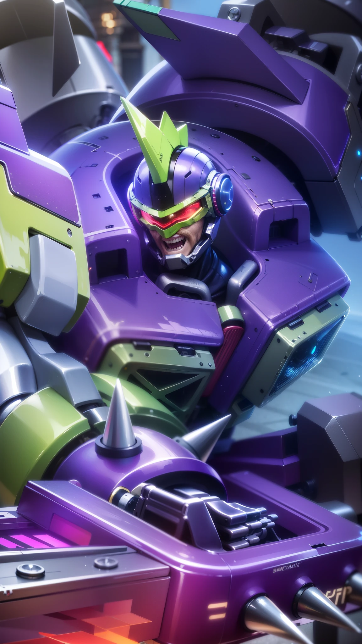 masculine male, masterpiece, best quality, (semirealism:1.9), beautiful lighting, (extremely detailed CG unity 4k fhd wallpaper), High Detail, Sharp focus, dramatic outdoors, a close up of a robot with a helmet on and a sword, futuristic outfit riding a motorcycle, smile.