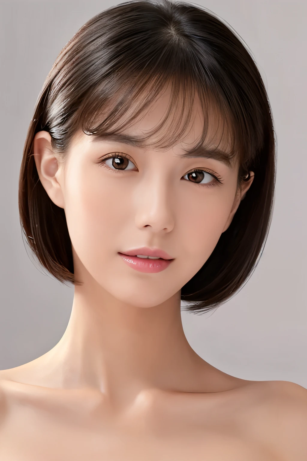 ((masterpiece, top quality, high definition)), 1 girl, (photorealistic: 1.4), solo, white background, snow-white background, mouth closed, happy smile, pretty black hair, short hair, big eyes, clear double eyelids, eyelashes, ears out, absolute area, ((face close-up)), (drawing all head, shoulders), 30 years old, Attractive proportions, glossy skin, clean collarbone, face in golden proportion, perfect face, teardrop mole, mole on chest, bangs, clean bangs, beautiful bangs, lip gloss, thin lips, pale skin, naked, small breasts, small face, head all drawn, shoulders all drawn, staring at the camera slightly upwards