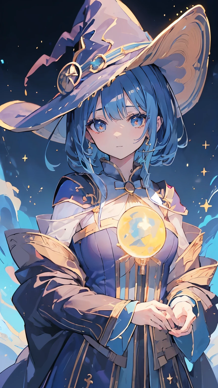 ((magic使いの女の子:1.5)), perfect face, beautiful face, highly detailed face,(blue hair_yellow eyes:1.3),(witch hat:1.3),star,shine,Light,smile,magic,Sparkling,moon