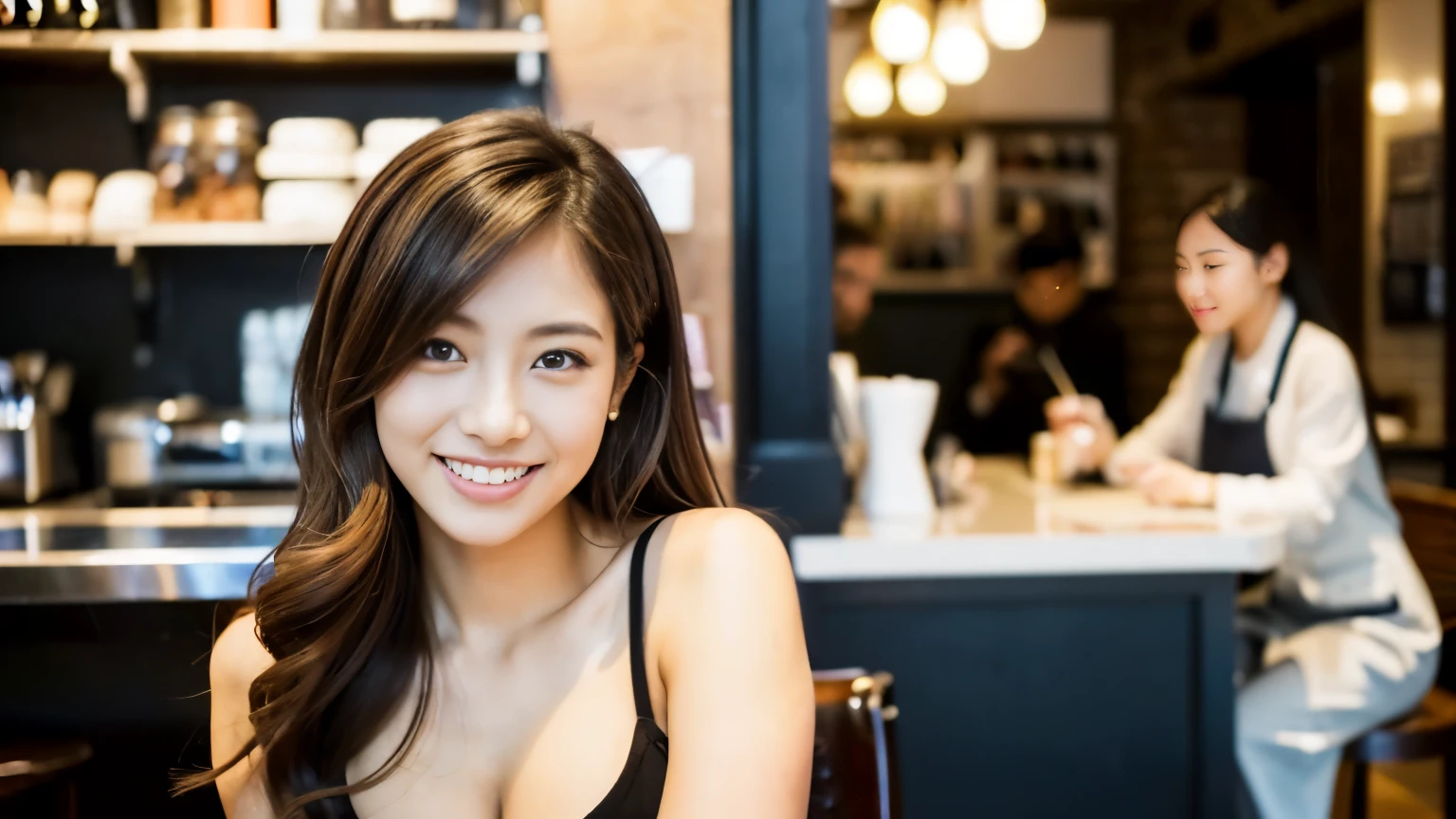 ((最high quality, 8k, masterpiece: 1.3)), perfect face,Inside a stylish cafe in New York、Draws a scene where a beautiful woman with big breasts like a model is drinking a latte.,everything around you, I see other customers enjoying themselves.。At the back of the cafe、Staff are busy working at the counter.、You can feel the vibrancy and stylish luxury of a city cafe.., sharp focus, 1 girl, sexy 1.2, , (big: 1.5), fine eyes, Beautiful eyes with slit length, double eyelid, (cat face), (cute Face), cute Smile, (close your mouth), (cute), soft skin, show the whole body, surreal, Super detailed, high quality, (A beautiful college girl who is kind and considerate.), ((詳細な非常にcute女子大生)), ((胸は隠れているけど服の上から解るぐらいbig胸)),Gaze at your boyfriend