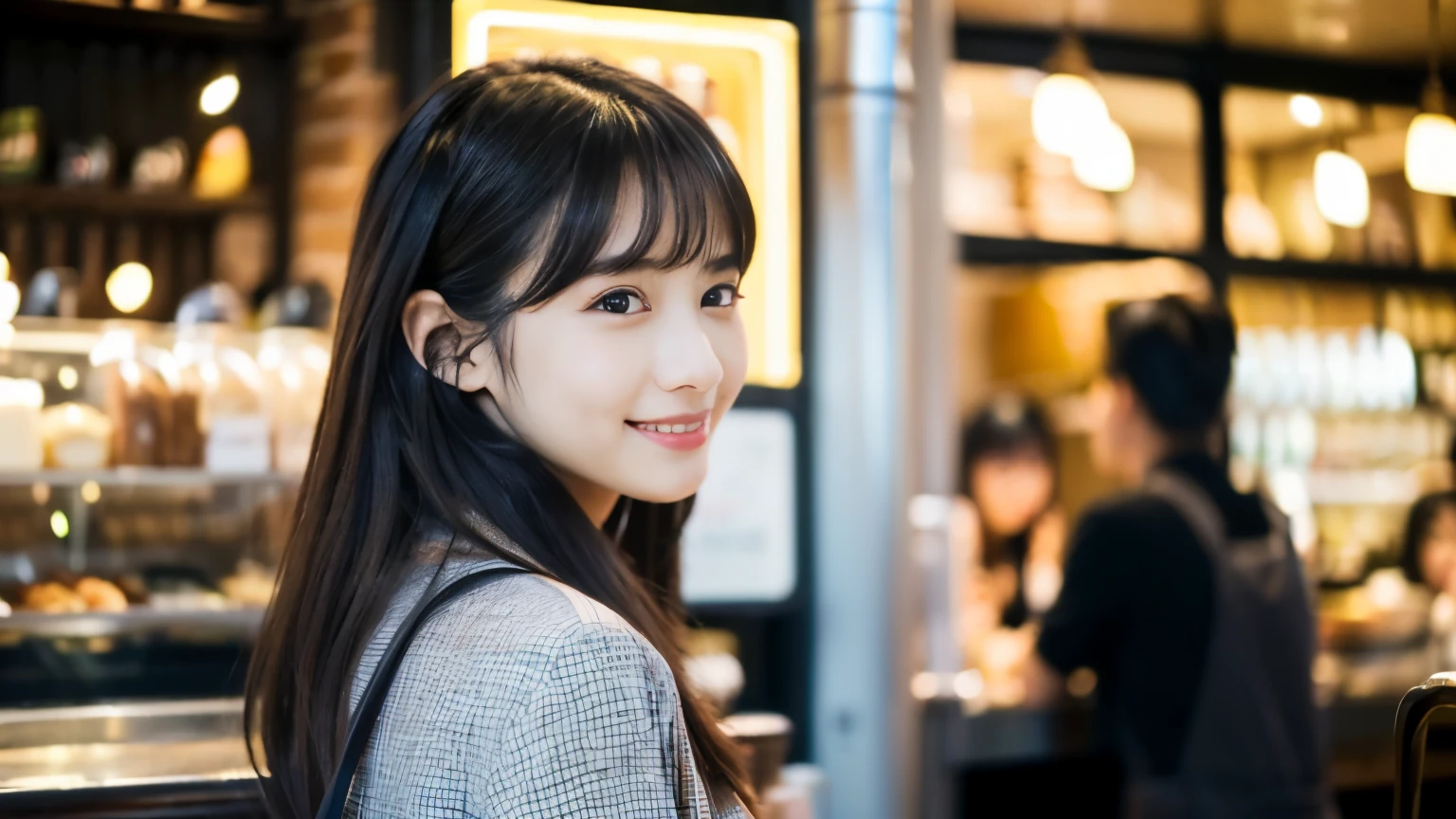 ((最high quality, 8k, masterpiece: 1.3)), perfect face,Inside a stylish cafe in New York、Draws a scene where a beautiful woman like a model is drinking a latte.,everything around you, I see other customers enjoying themselves.。At the back of the cafe、Staff are busy working at the counter.、You can feel the vibrancy and stylish luxury of a city cafe.., sharp focus, 1 girl, sexy 1.2, , (big: 1.5), fine eyes, Beautiful eyes with slit length, double eyelid, (cat face), (cute Face), cute Smile, (close your mouth), (cute), soft skin, show the whole body, surreal, Super detailed, high quality, (A beautiful college girl who is kind and considerate.), ((詳細な非常にcute女子大生)), ((The season is spring)),Gaze at your boyfriend