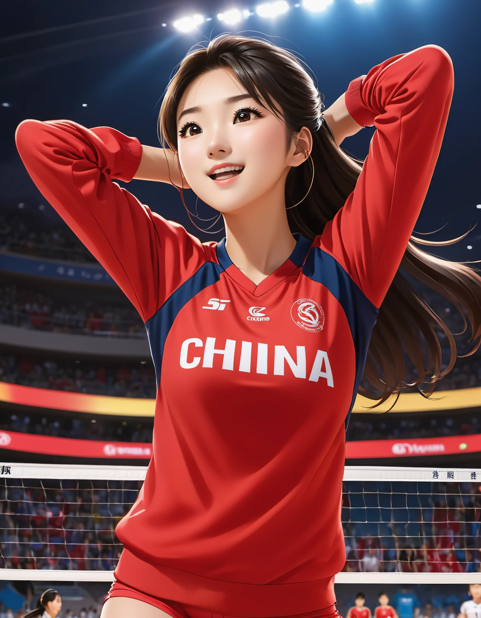 Chinese girl in red blouse (Lang Ping's volleyball move in the game when he jumped high in front of the net and hit it high in the air),Looks a lot like Chinese athlete Lang Ping,(sweatshirt with "china"letter:1.05),The Chinese team defeated Japan in the 1981 Women's Volleyball World Cup,Dynamic smash action,A determined expression,Background volleyball game,Champion trophy,animation,studio ghibli illustration,official art,Kavasi style,32k,night,HD wallpapers,Selective focusing,Documentary style,