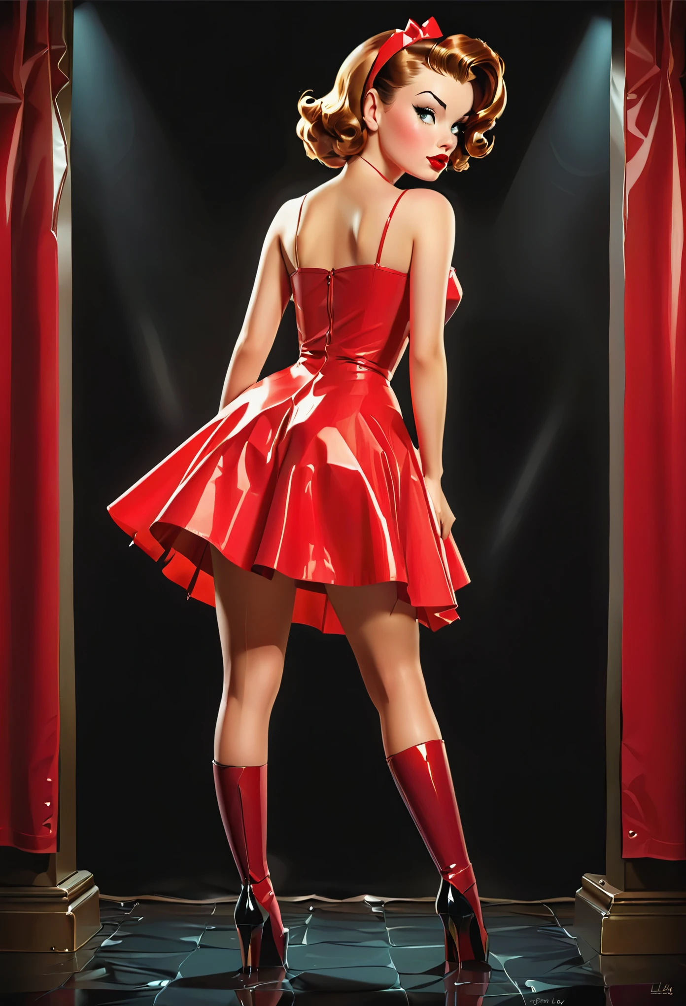 in the style of a vintage pinup illustration, 1girl,simplelatexdress, dark background, shiny clothes, thighhighs,red latex dress, (head out of frame,) from behind,
