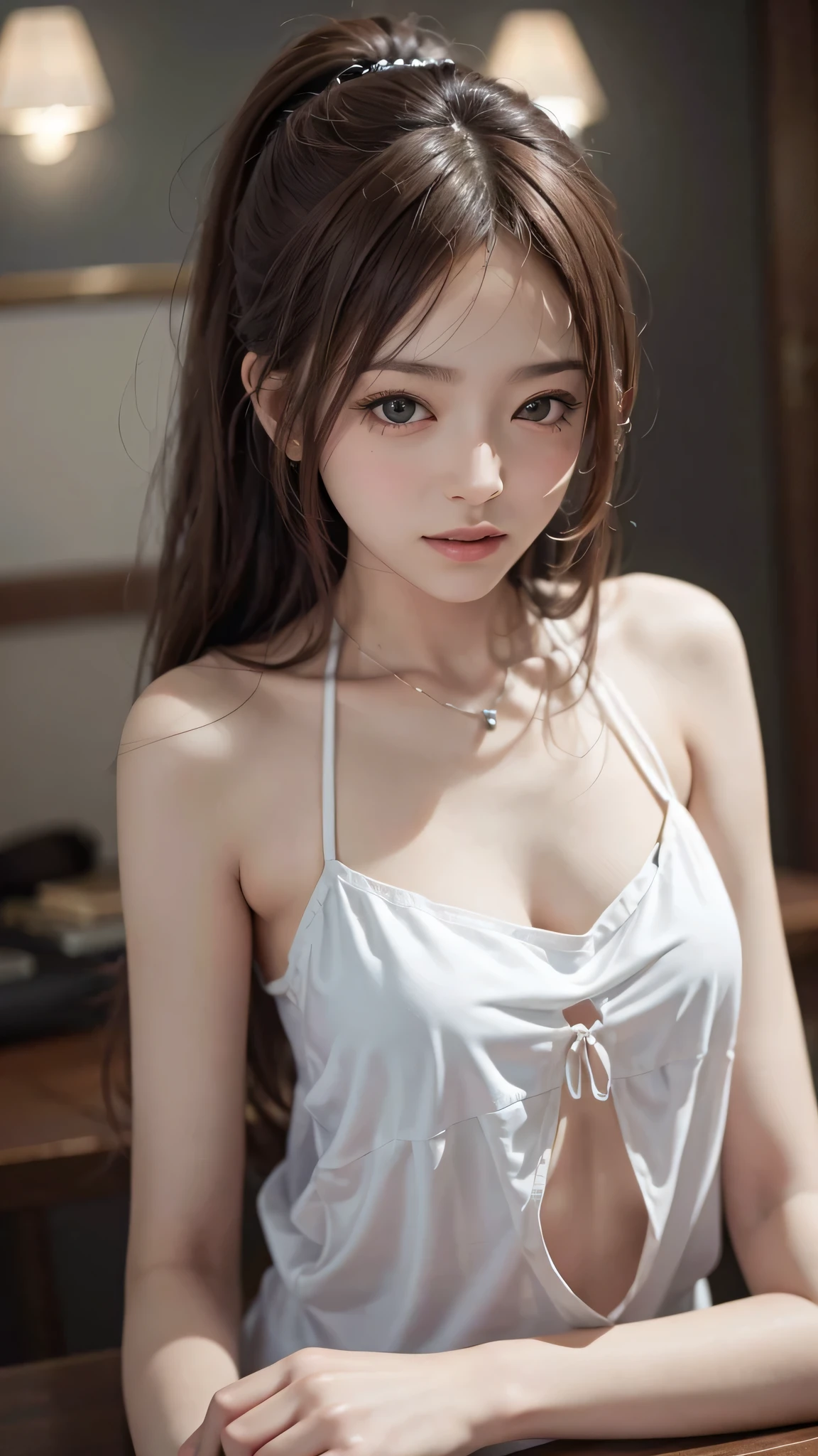 (RAW shooting:1.2)、(realistic:1.4)、(masterpiece:1.3)、(highest quality:1.4)、(beautiful woman with perfect body:1.4)、(silk material:1.3)、bright look、ponytail、young, shiny, white, Glossy skin、the best beauty、brown hair reflection、shiny bright hair,、Super long straight hair、Shining beautiful bangs、Shining crystal clear charming big eyes、very beautiful lovely cute japanese girl、rich bust、cleavage、Seduce、show thighs、(camisole:1.3)、smile、adult charm、