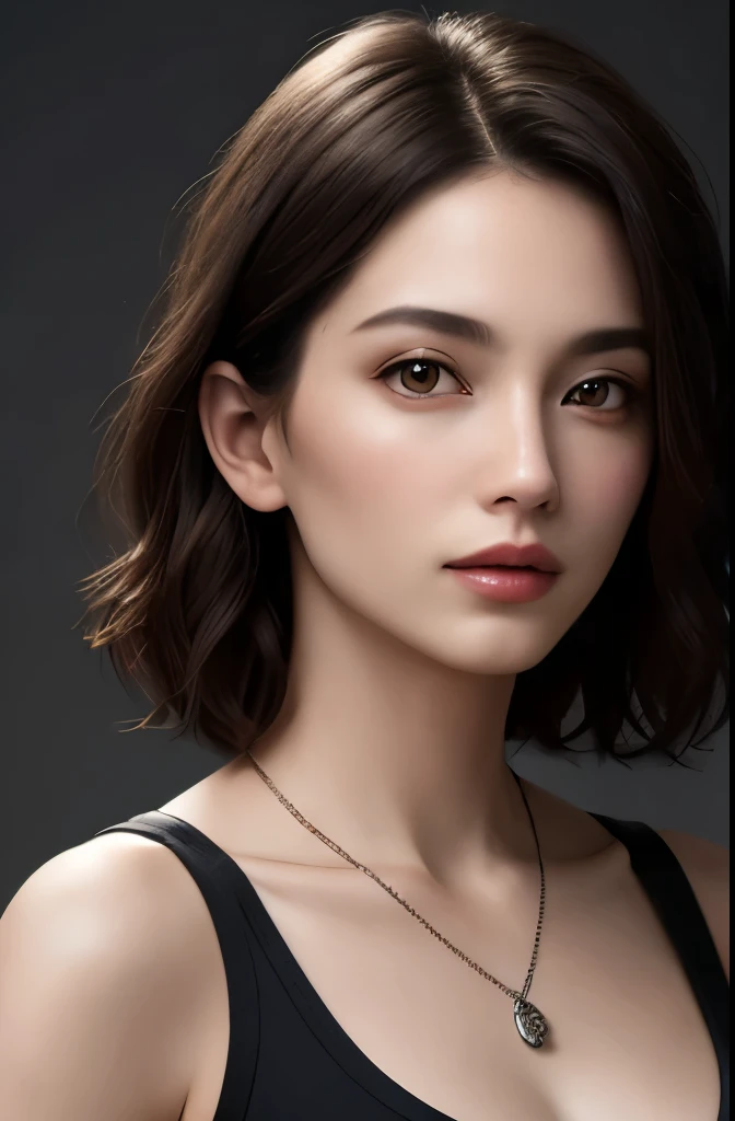 (((highest quality, 8k, masterpiece))), sharp focus, thin, cinematic lighting、perfection、soft light、high resolution skins:1.3、realistic skin texture、30 year old mature woman、small face、no makeup、short hair、dark brown hair、Detailed beautiful eyes、bust B cup、small breasts、wearing a pendant、Supermodel、cool beauty、gray background、